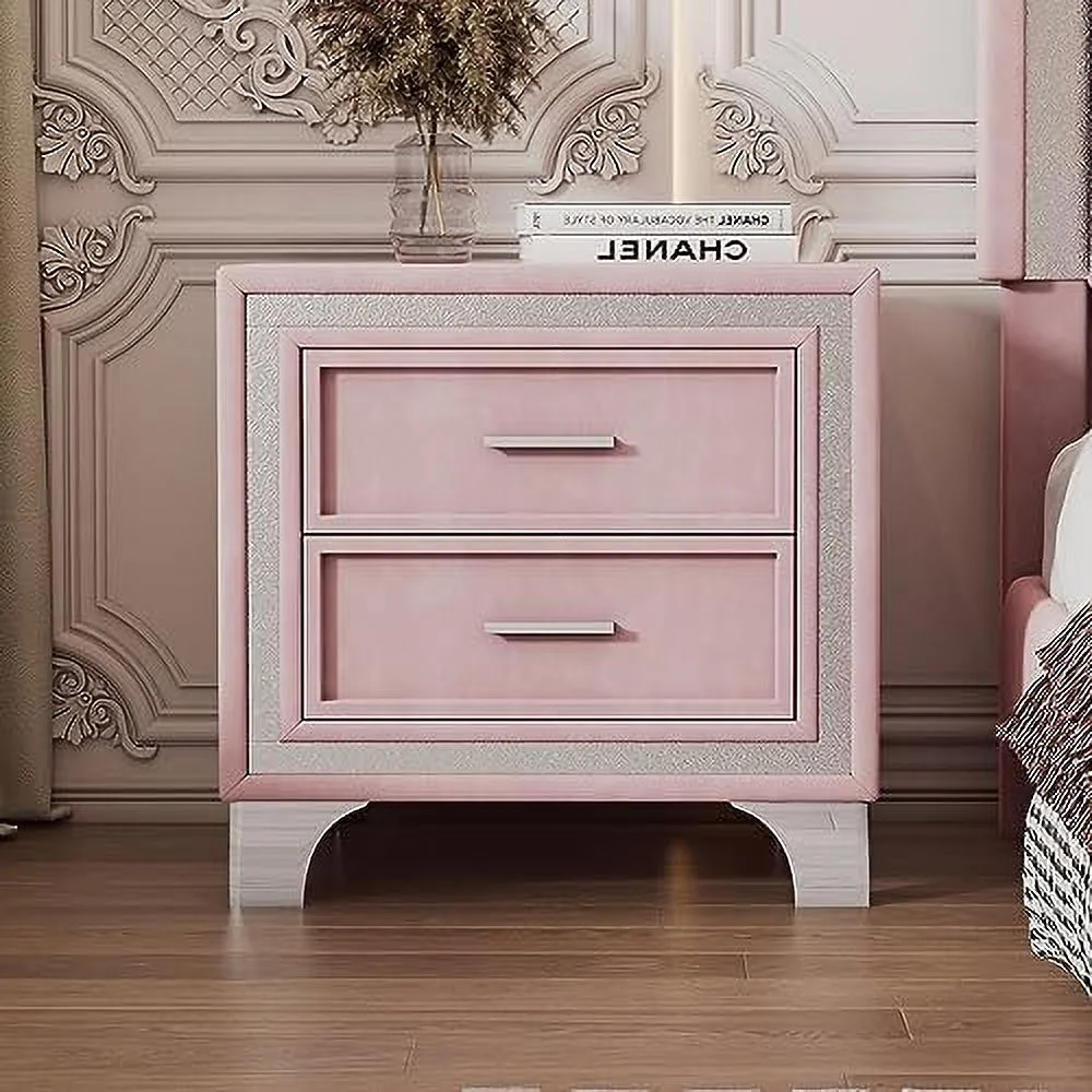 RUNFAYBIU Velvet Nightstand with 2 Drawers End Table with Small Dresser Bedside Table Night Stand with Metal Legs for Bedroom Living Room College Dorm - Pink