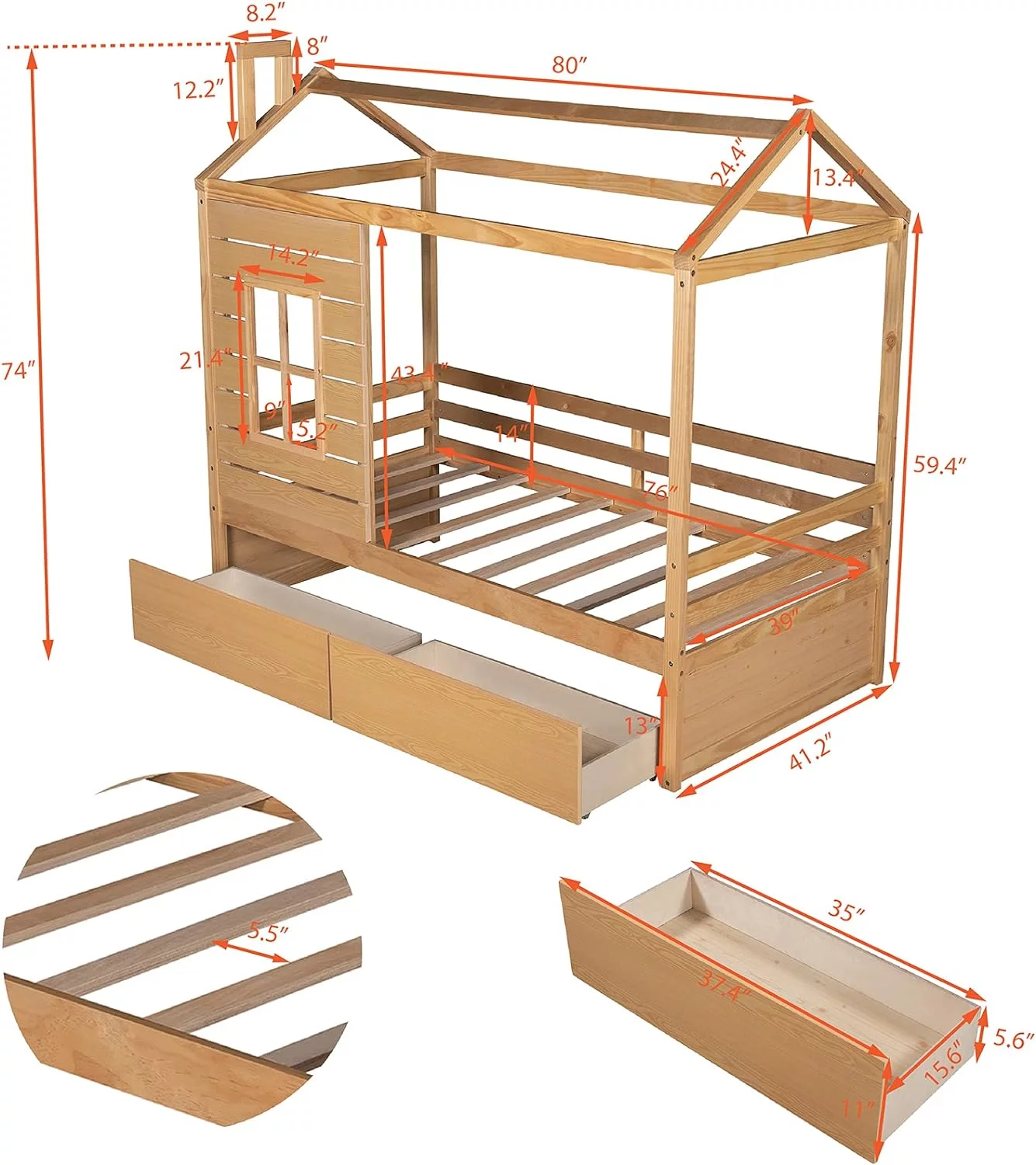 House Bed Bed With Drawers, Woode Daybed With Storage Drawers, For Kids Tees Girls Boys ( atural )