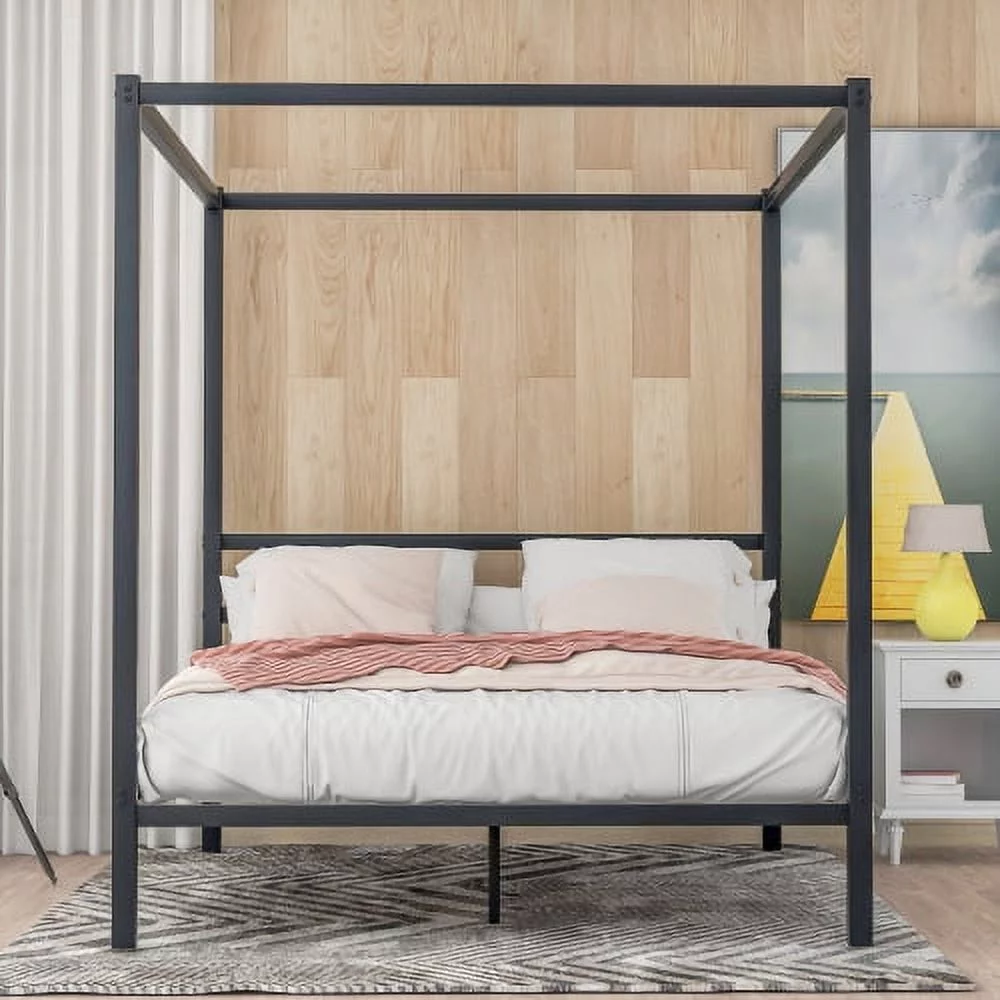 LANTRO JS Metal Framed Canopy Platform Bed with Built in Headboard, No Box Spring Needed, Classic Design, Queen, Black