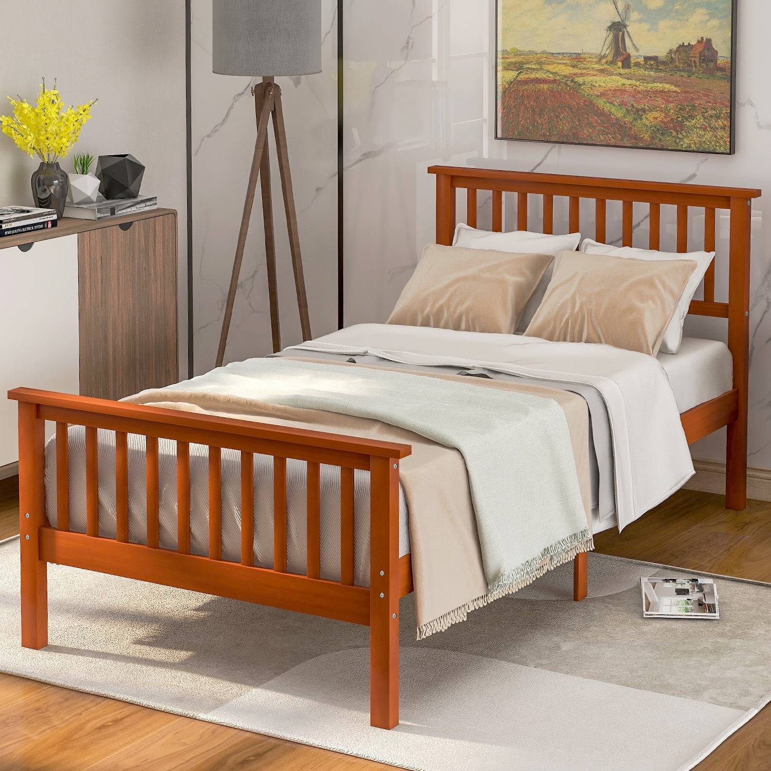 Gewnee Twin Size Wood Platform Bed with Headboard and Footboard ,Oak