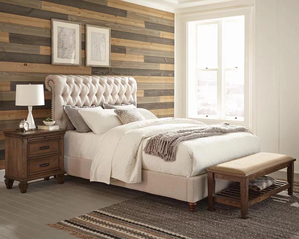 Rolled Headboard California King Bed in Beige Fabric