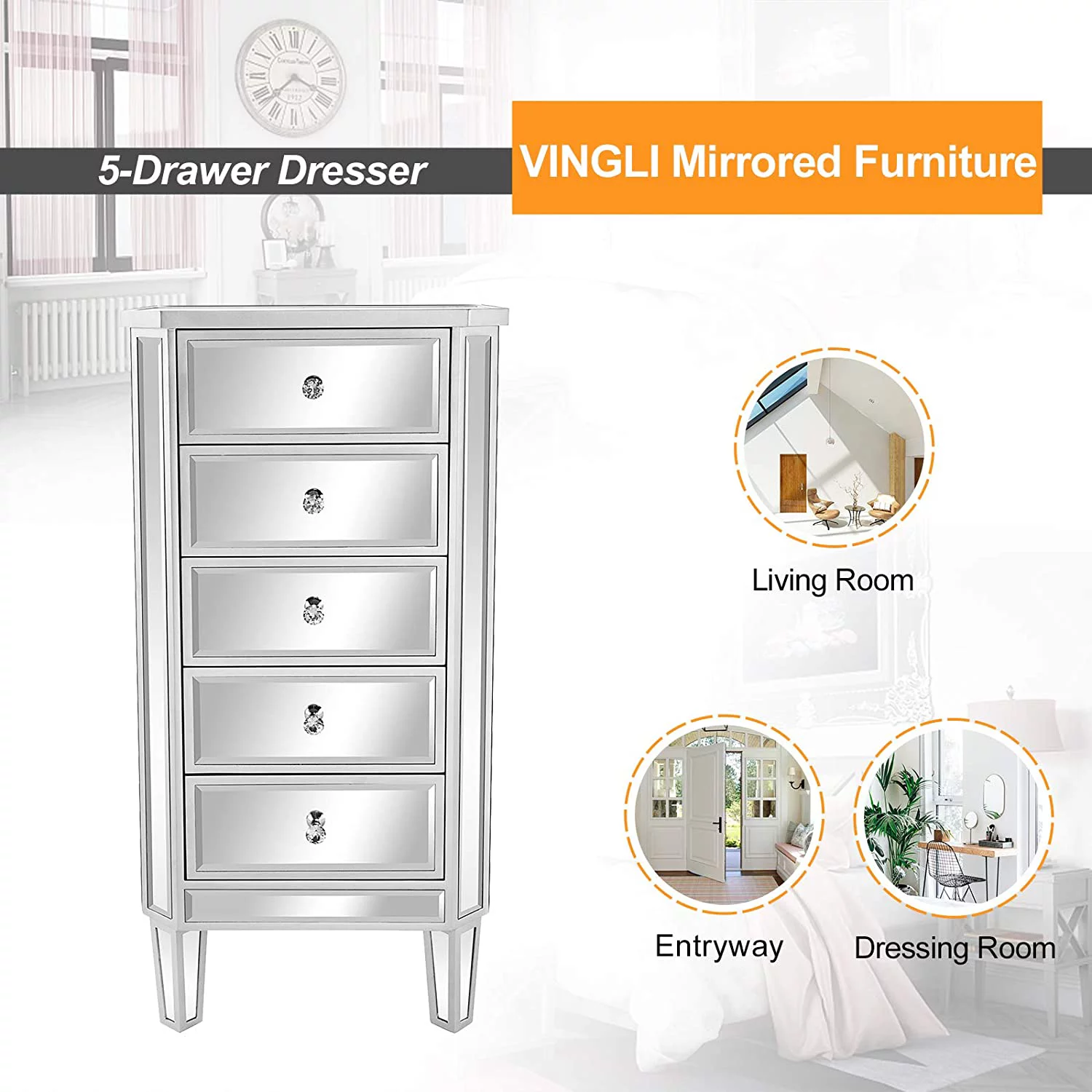 VINGLI Mirrored Dresser 5 Drawers Modern Chest for Bedroom, Dressing Room, Living Room