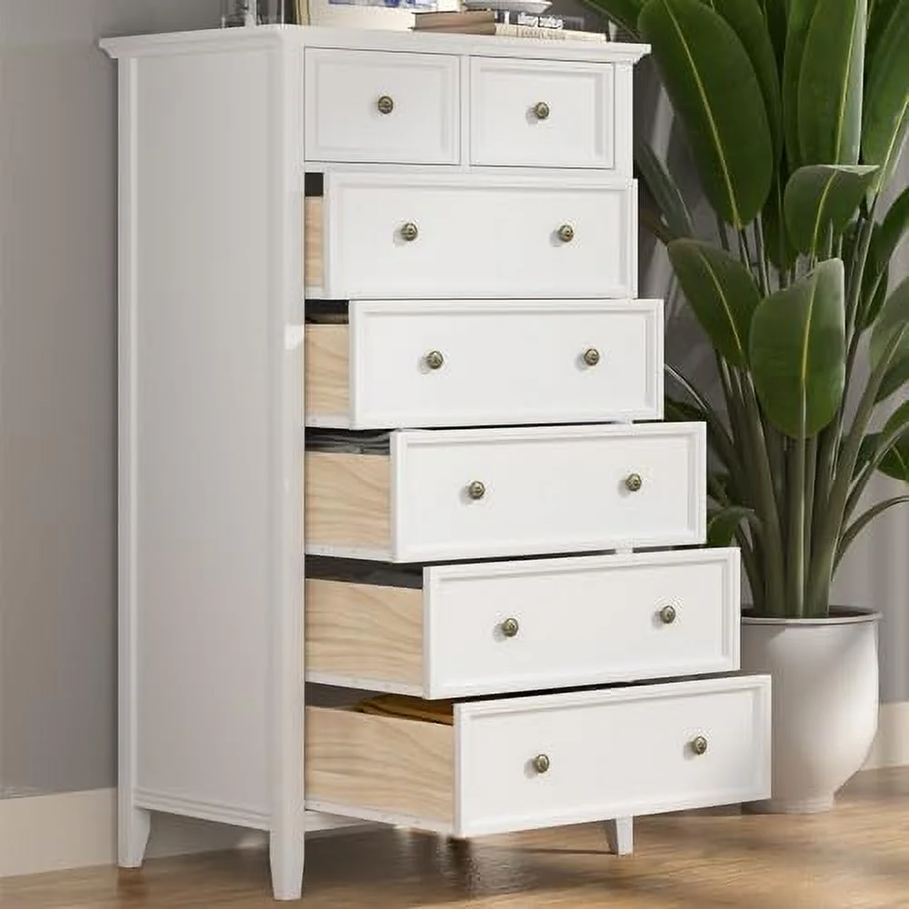 White 7 Drawer Tall Dresser Tall Solid Wood Large Cabinet Simple White Tall Chest of Drawer for Bedroom Living Room Hallway Entryway (White)