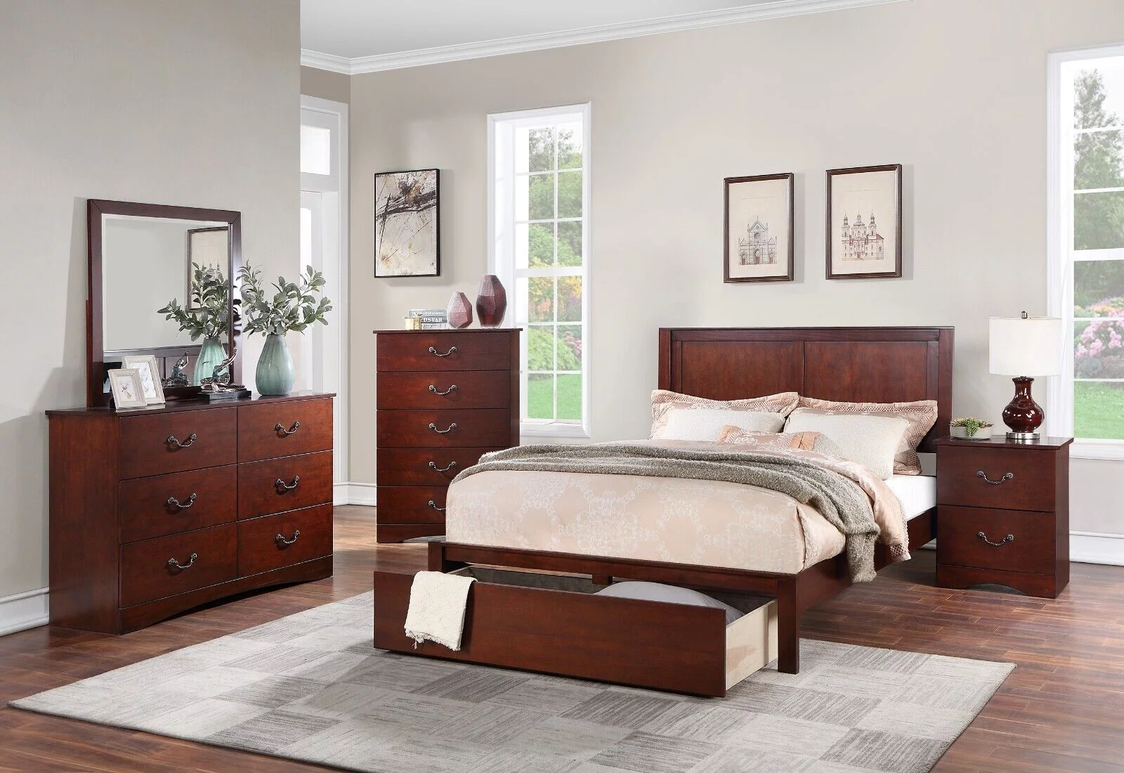 6pc Bedroom Set Classic Chic Est King Size Bed w underbed Drawer Dresser Mirror Nightstands Chest Light Tan Finish Hue Furniture