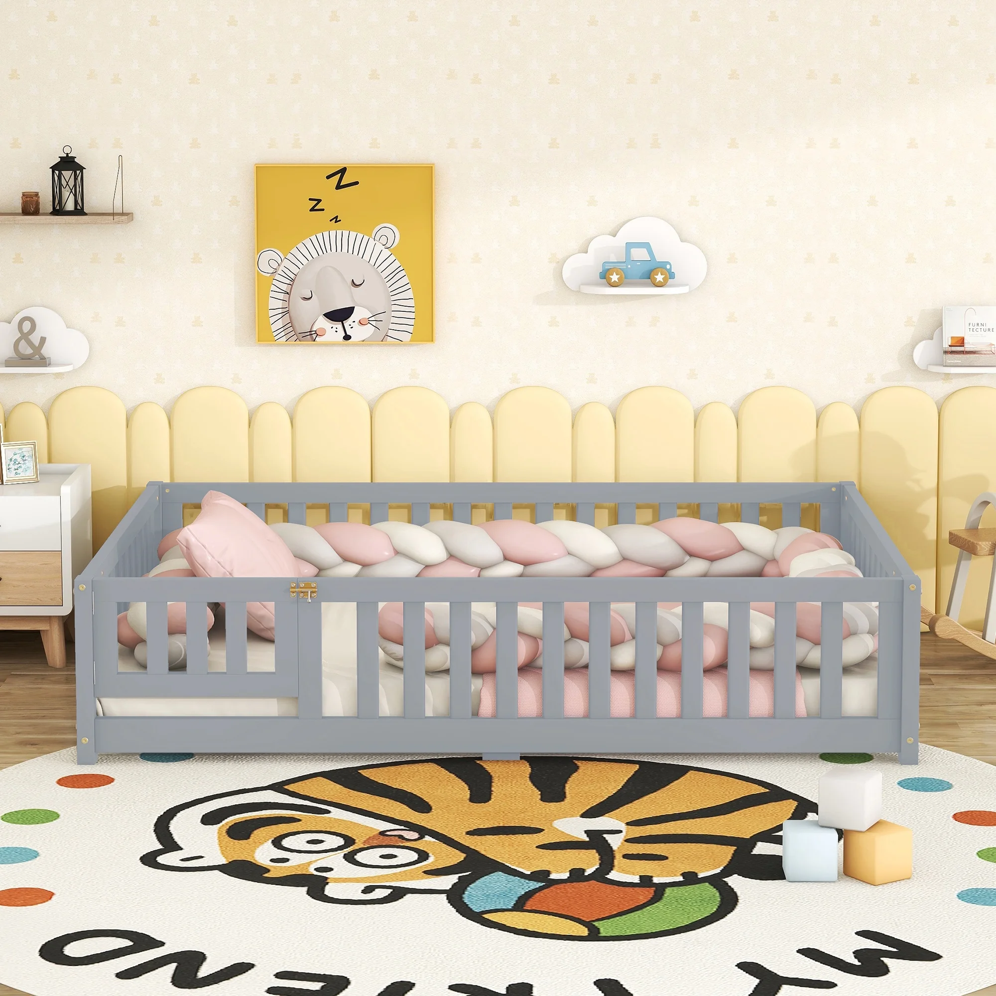 uhomepro Queen Floor Bed Frame, Floor Bed Frame with Fence and Door, Wood Slats Supports, Low Wood Platform Beds for Kids Girls Boys, No Box Spring Needed, Gray