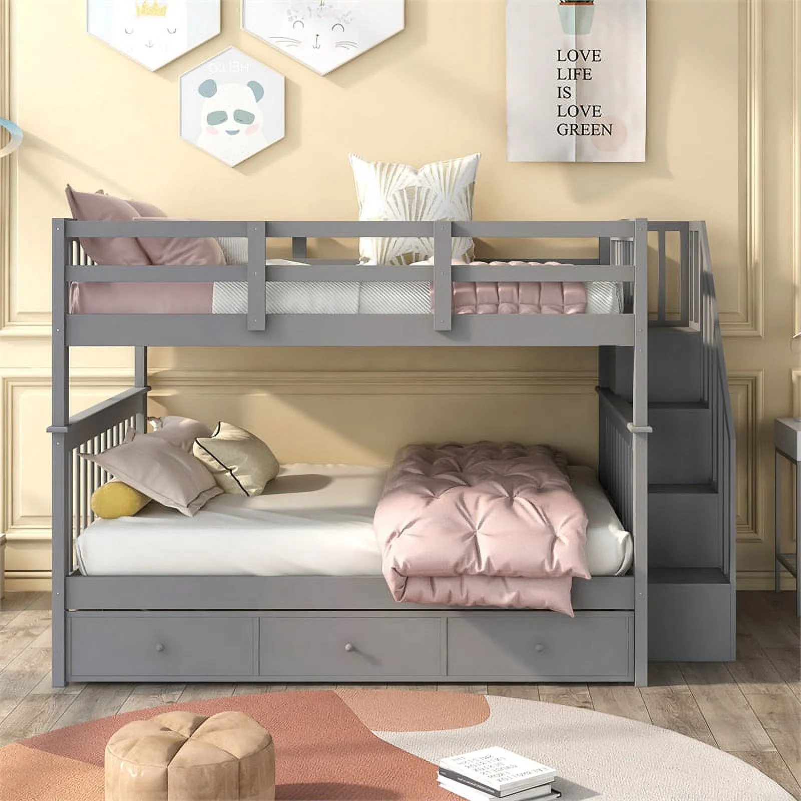 CRO Decor Stairway Full-Over-Full Bunk Bed with Drawer Storage (Gray)