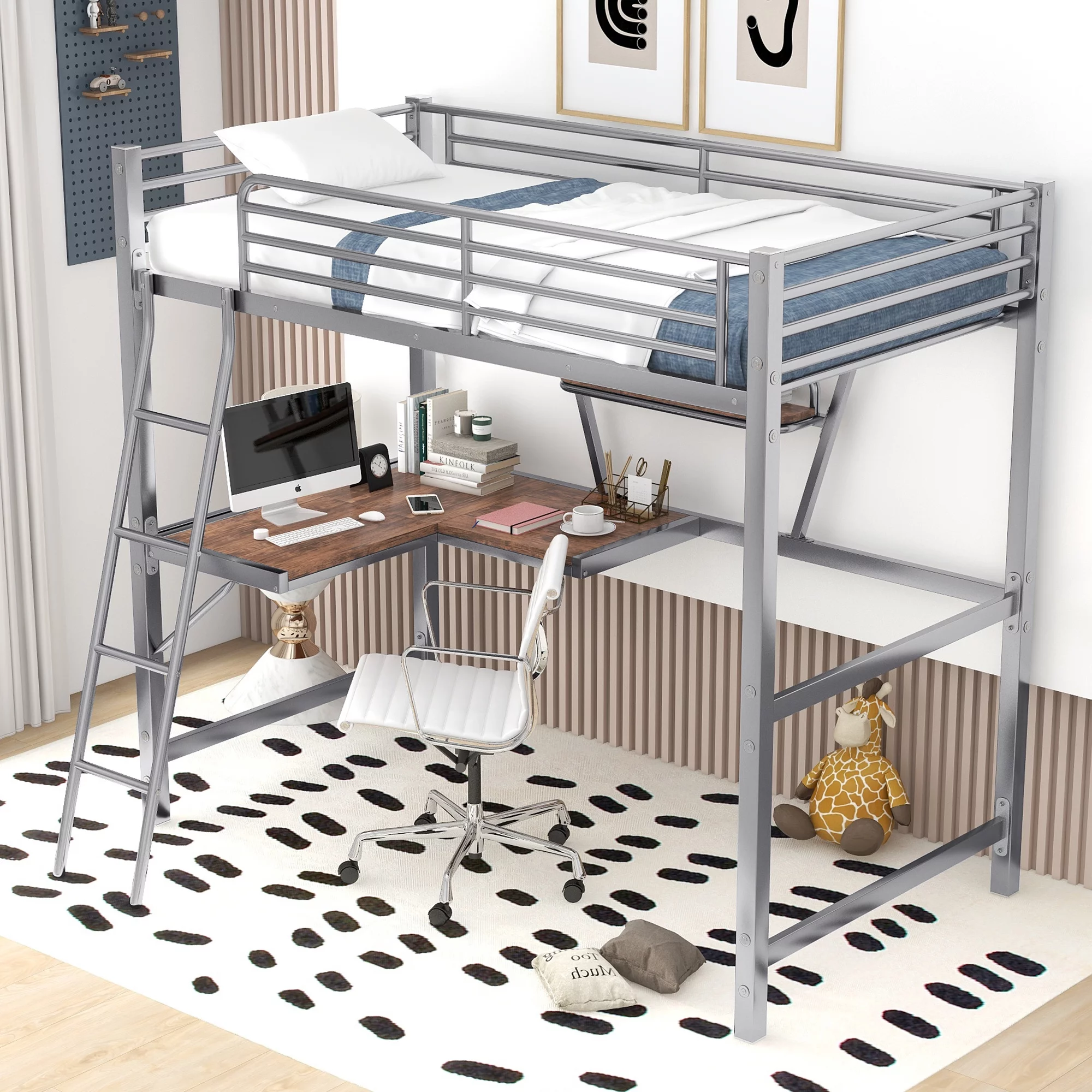 Twin Size Loft Metal&MDF Bed with Long Desk and Shelf, Multifunctional Loft Bed with Desk, Metal Loft Bed Twin with Ladder for Girls Boys Bedroom, Saving Space (Silver)