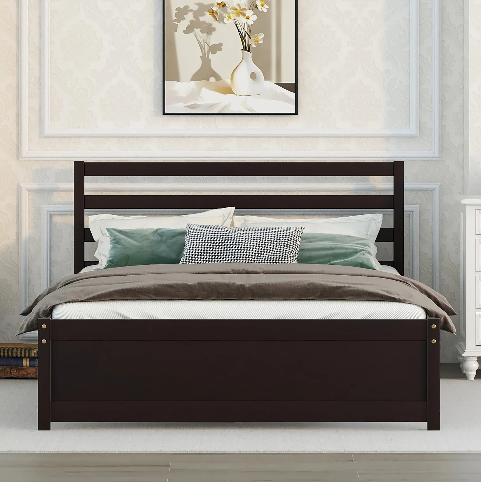 Full Platform Bed Frame, Espresso Full Bed Frame Wood with Headboard, No Box Spring Needed, LJ2087