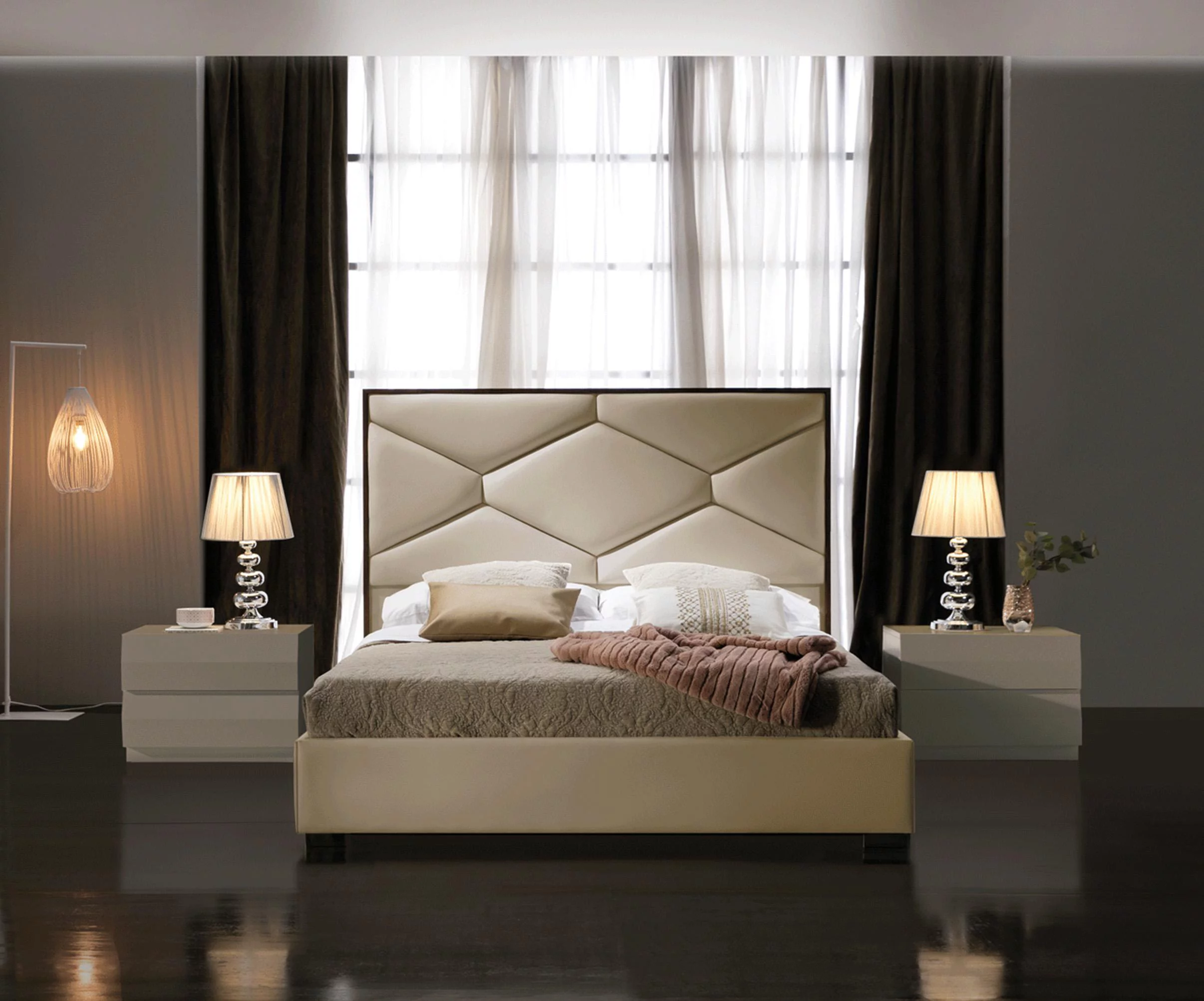 Beige Eco Leather Queen Storage Bedroom Set 3Pcs MARTINA ESF Modern DUPEN SPAIN