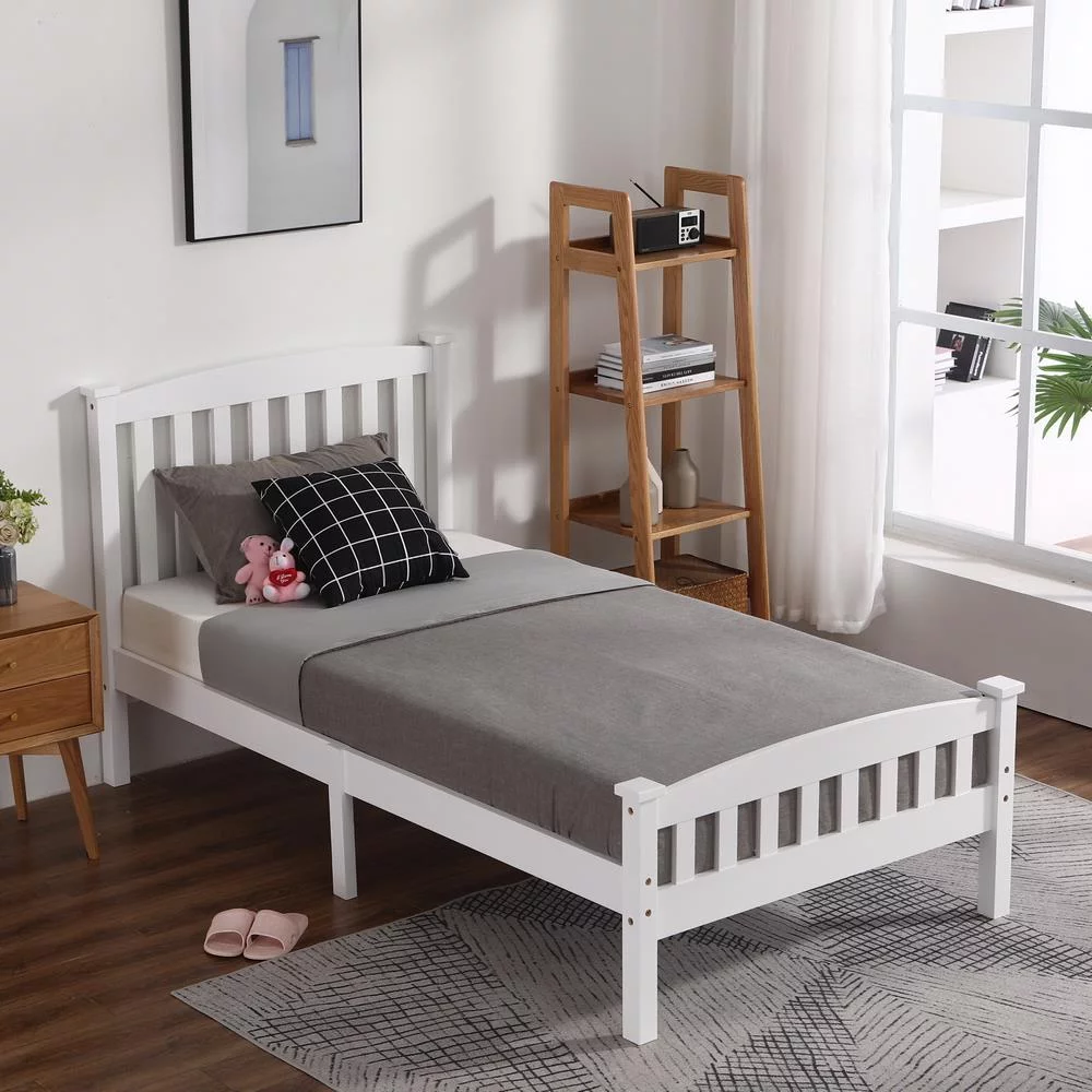 Ktaxon Twin Bed Frame,Solid Pine Wood Kids Twin Platform Bed Frame, Bedroom Twin Bed with Headboard for Adults, White, 78.94