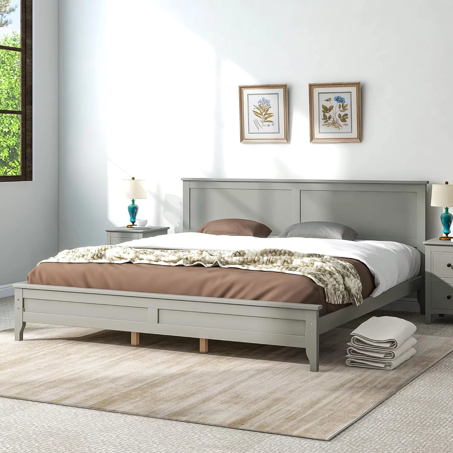 King Platform Bed Frame With Headboard And Footboard/Wood Slat Support/Mattress Foundation For Bedroom