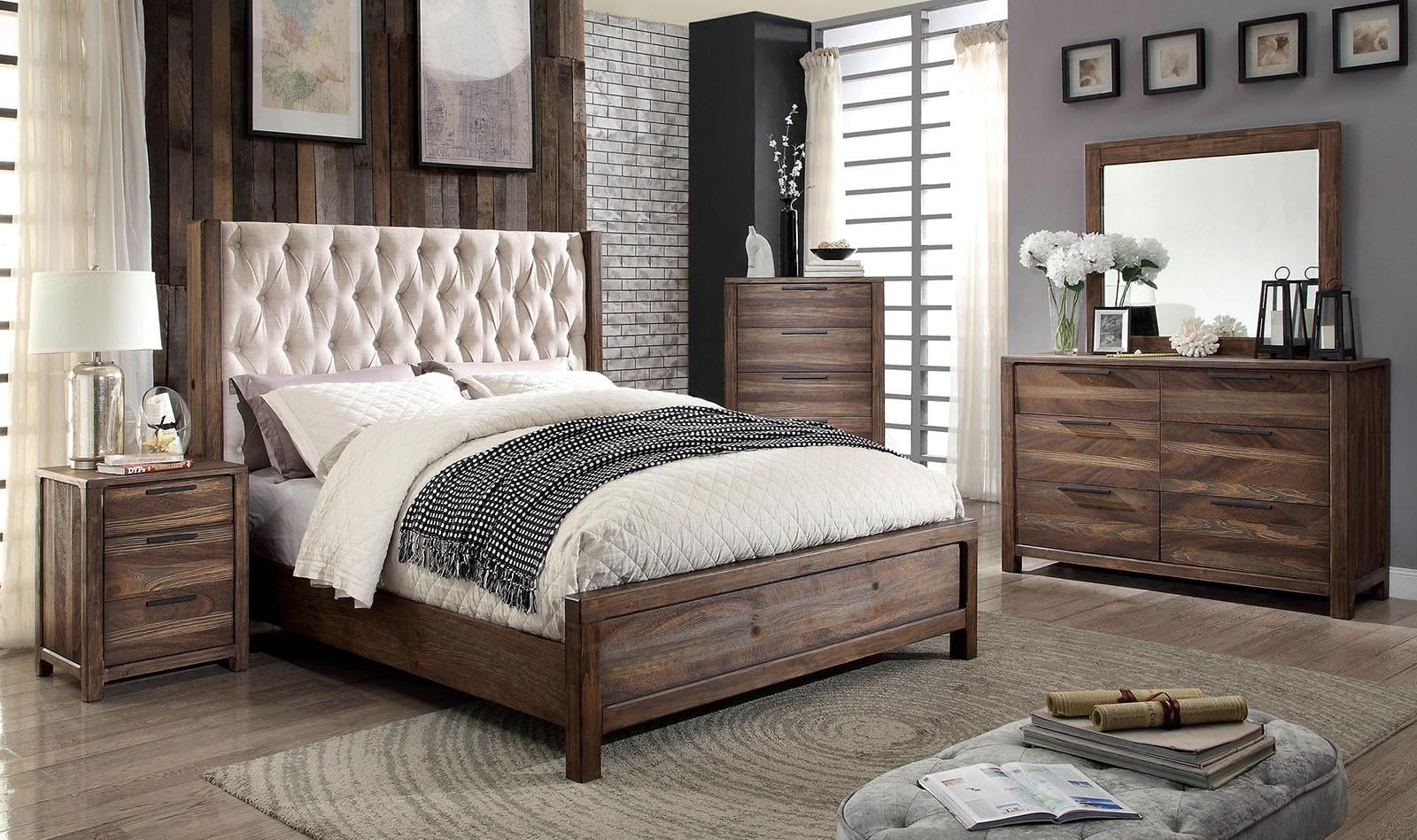 Rustic Natural & Beige Solid Wood Queen Bedroom Set 6pcs FOA CM7577-Q Hutchinson