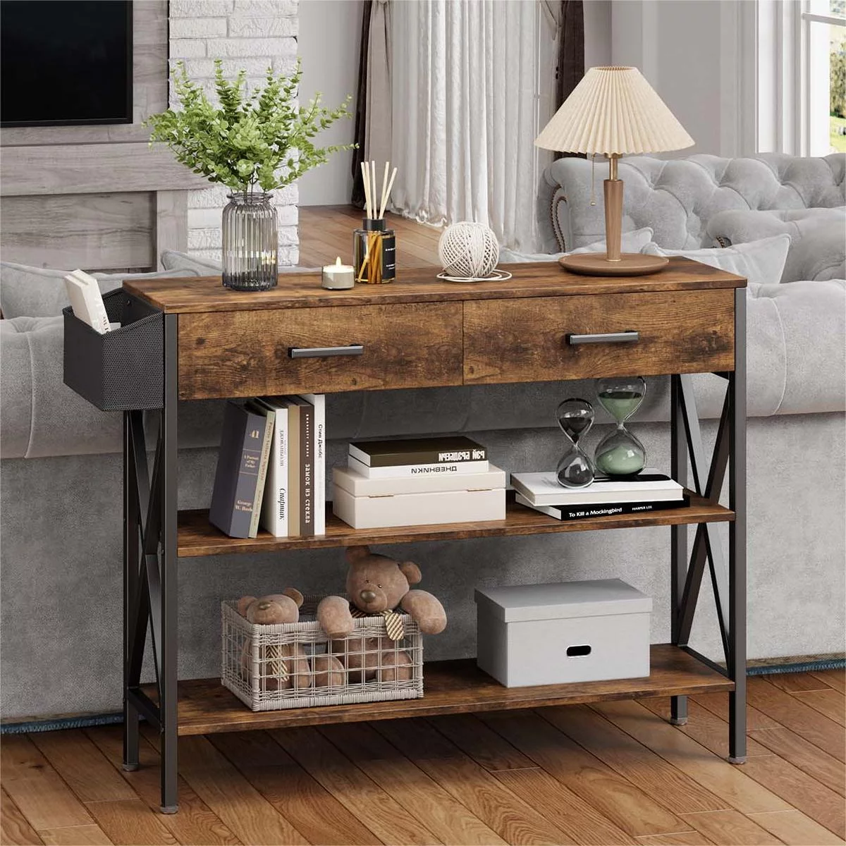 Lofka Console Table with Drawers, Entryway Console Table with 2 Drawer, Retro Brown