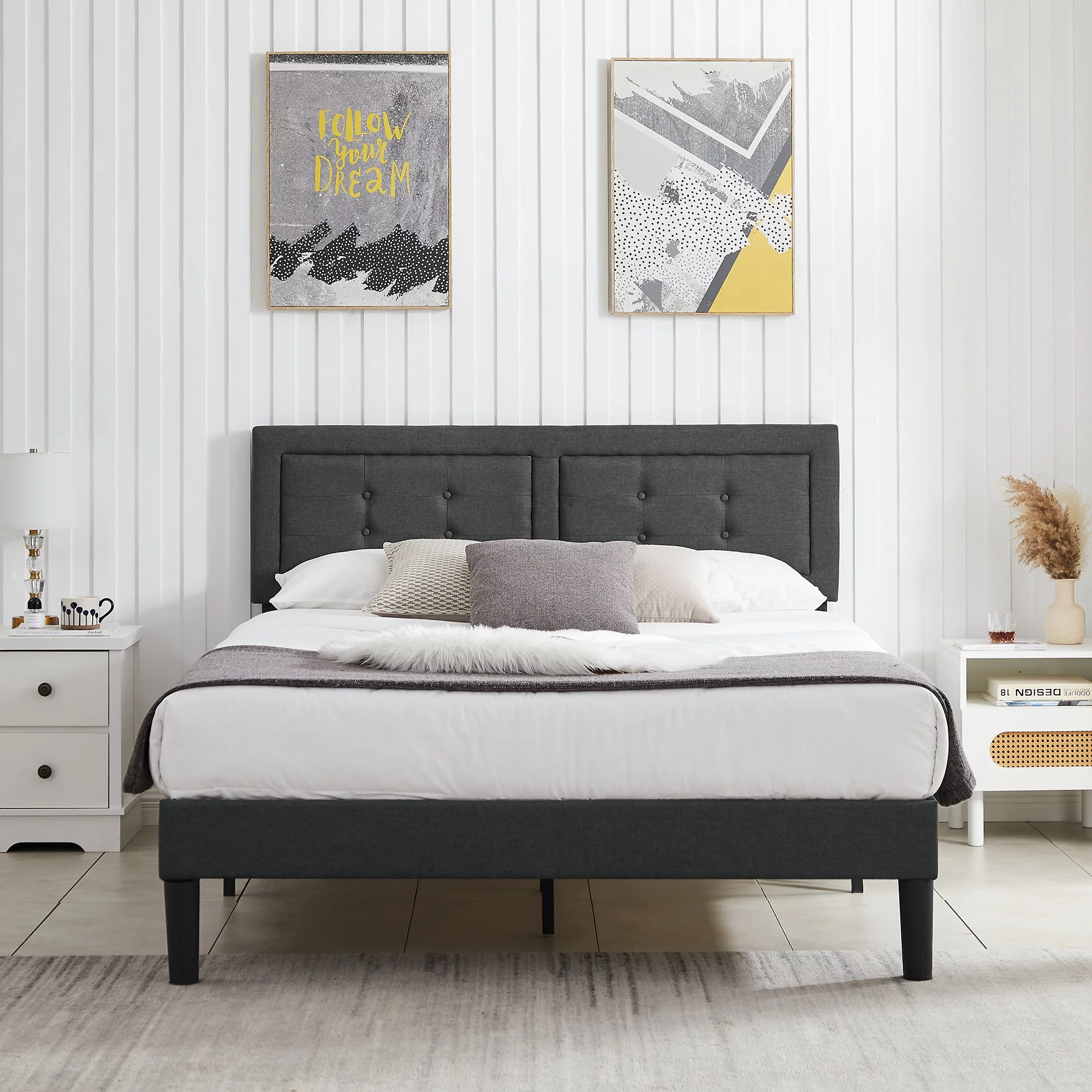VECELO Upholstered Platform Bed Frame with Adjustable Headboard, No Box Spring Needed, Full Size, Gray