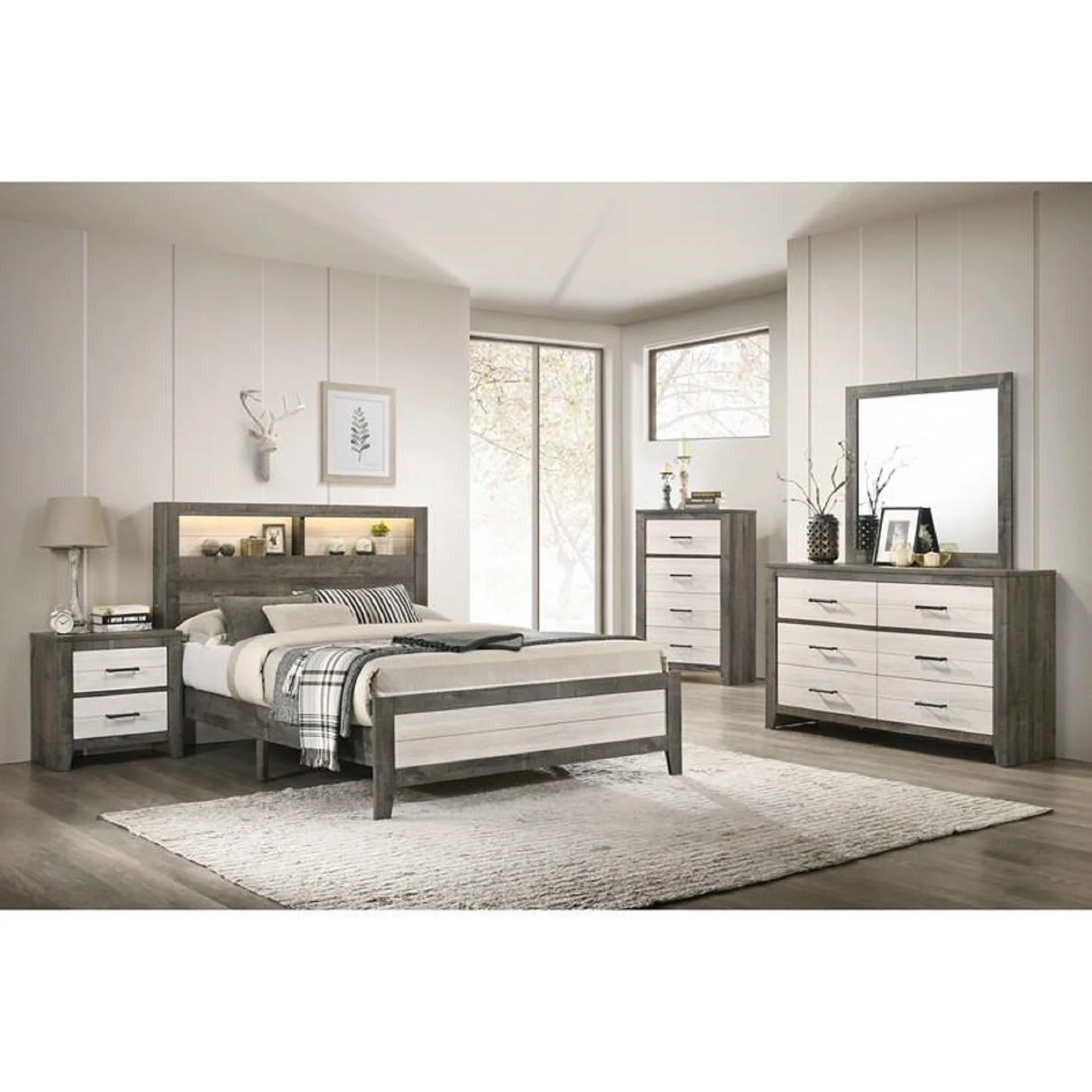 Transitional Style Two-tone Grey White Finish Queen Size 5pc Bed Dresser Mirror Nightstand Chest Wooden Bedroom Furniture