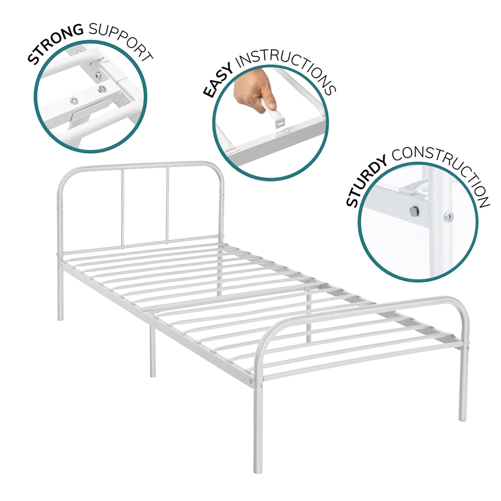 Voilamart Metal Twin Bed Frame Slatted Bed Base with Headboard and Footboard, Platform Bed for Kids Adults, White