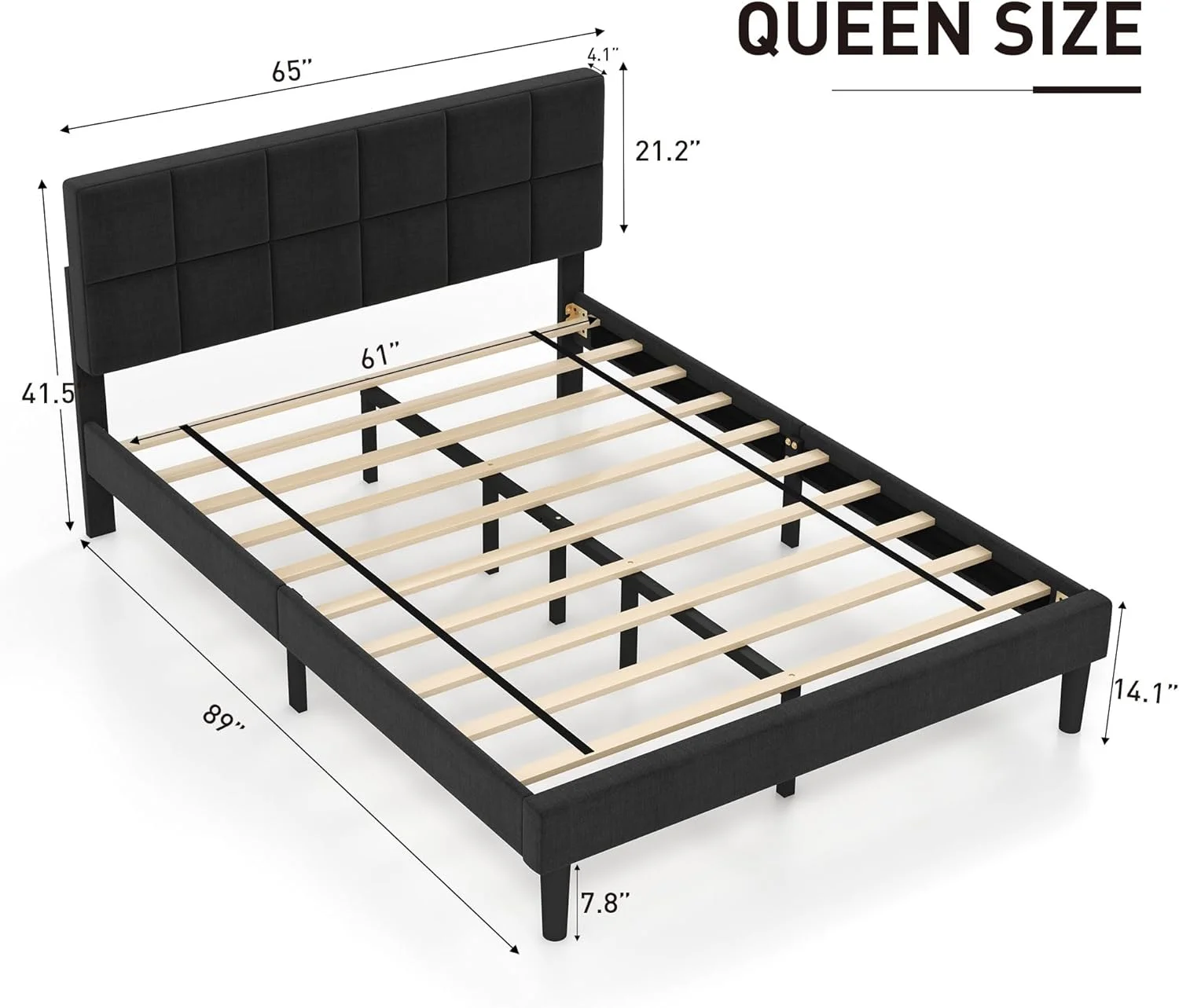 Queen Bed Frame With Upholstered Headboard, Modern Platform Bed Frame Queen Size With Under-Bed Storage Space, Solid Wooden Slats, No Box Spring Needed, Noise-, Black