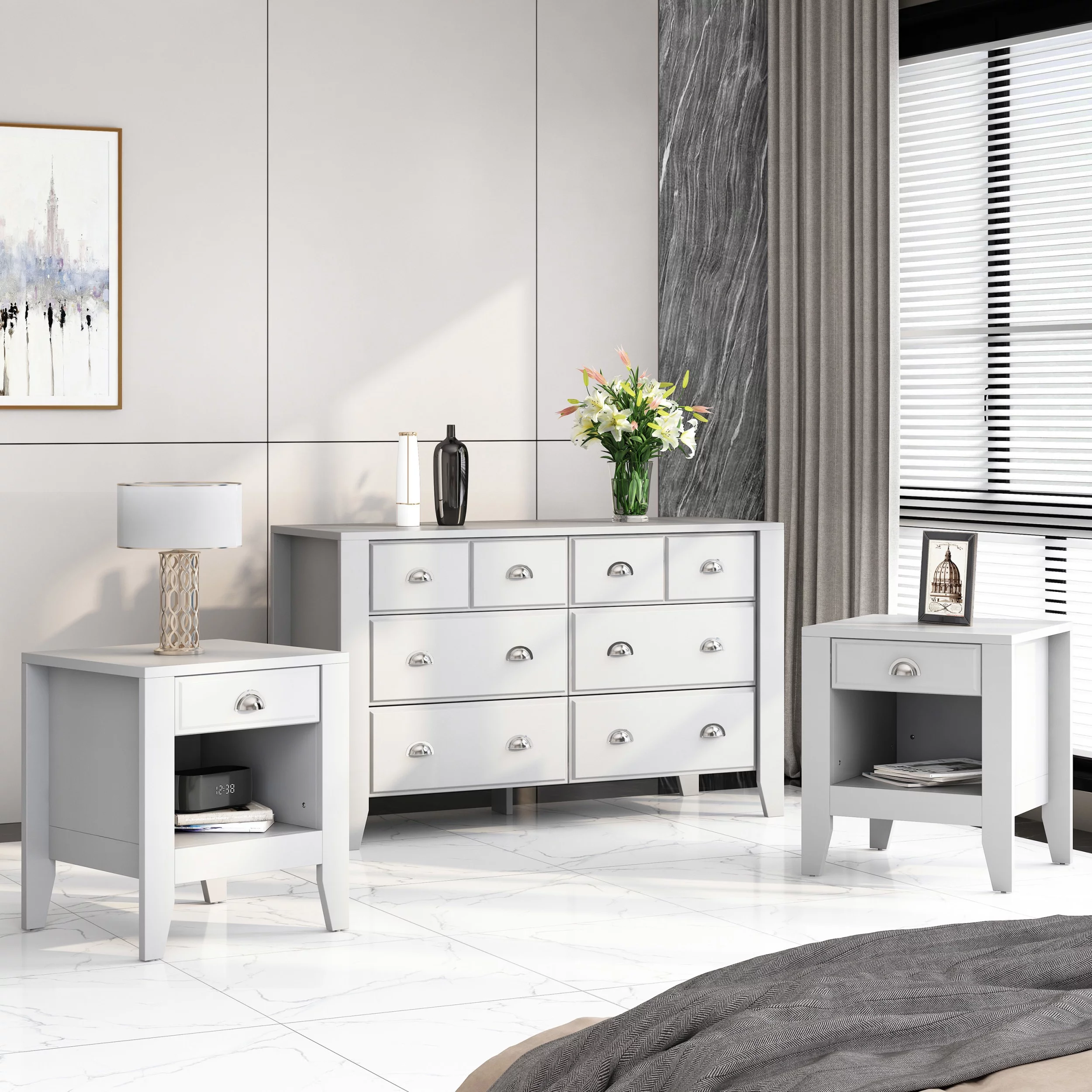 Noble House Bellic Faux Wood 3 Piece Double Dresser and Nightstand Bedroom Set, White