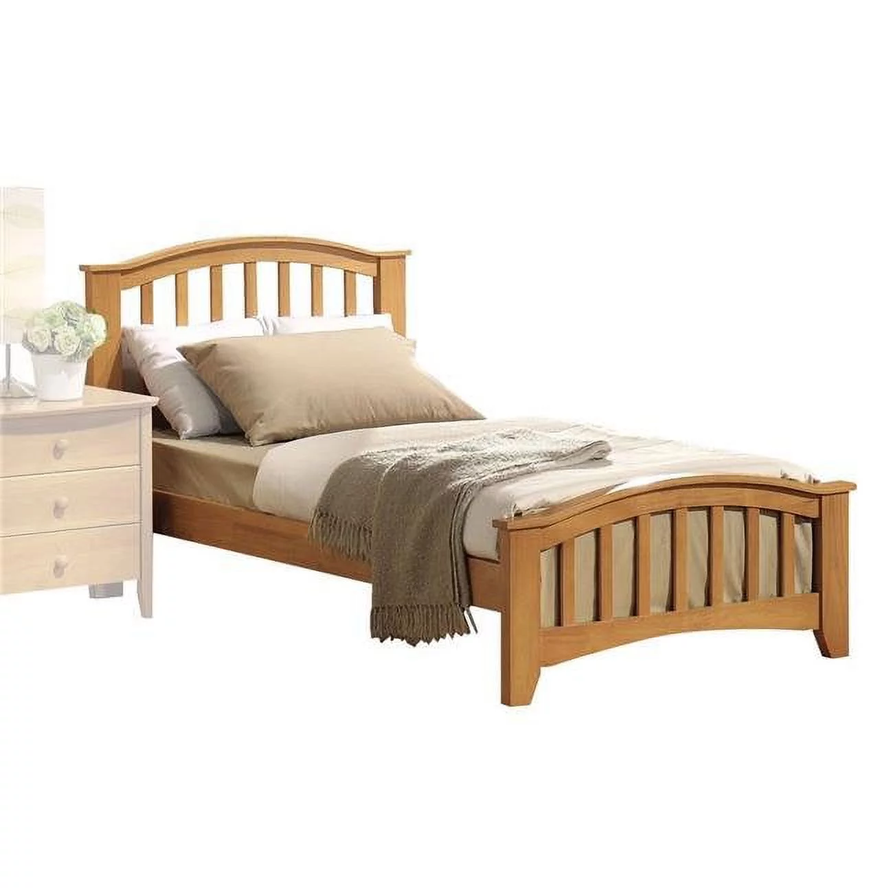 Mission Style Wooden Twin Size Bed with Arched Slatted Headboard & Footboard, Maple Brown