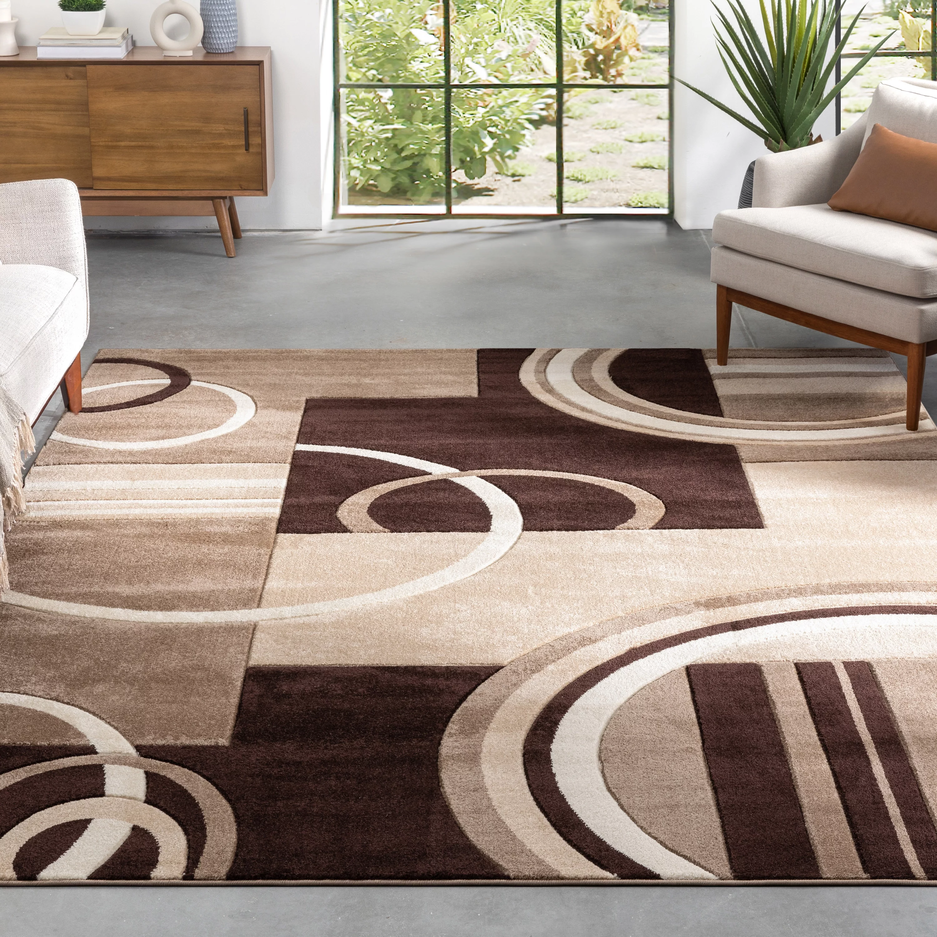 Echo Shapes & Circles Ivory / Beige Brown Modern Geometric Comfy Casual Hand Carved Area Rug 8x10 8x11 ( 7'10