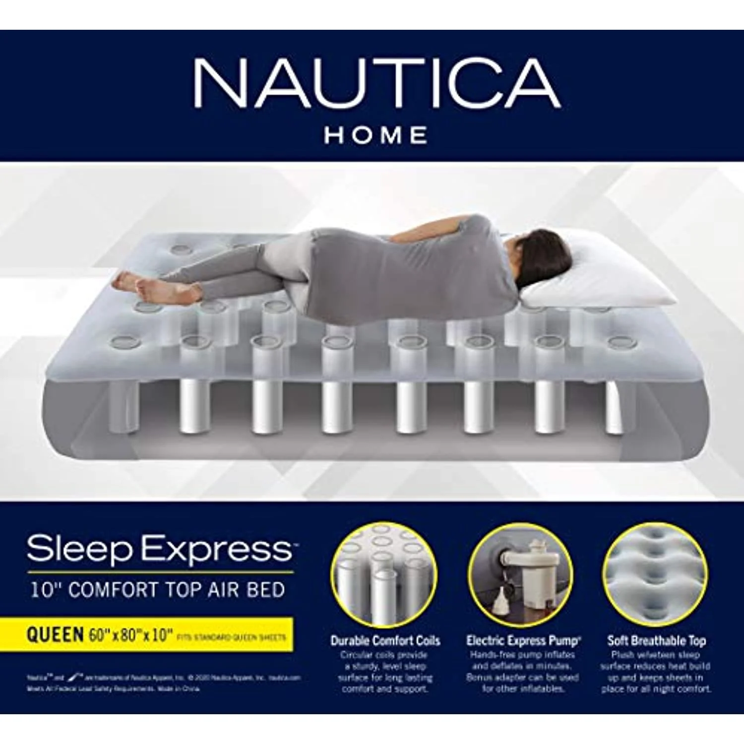 Nautica Home Sleep Express 10 in. Inflatable Air Mattress with External Pump - Bed with Puncture Resistant Vinyl Construction Queen