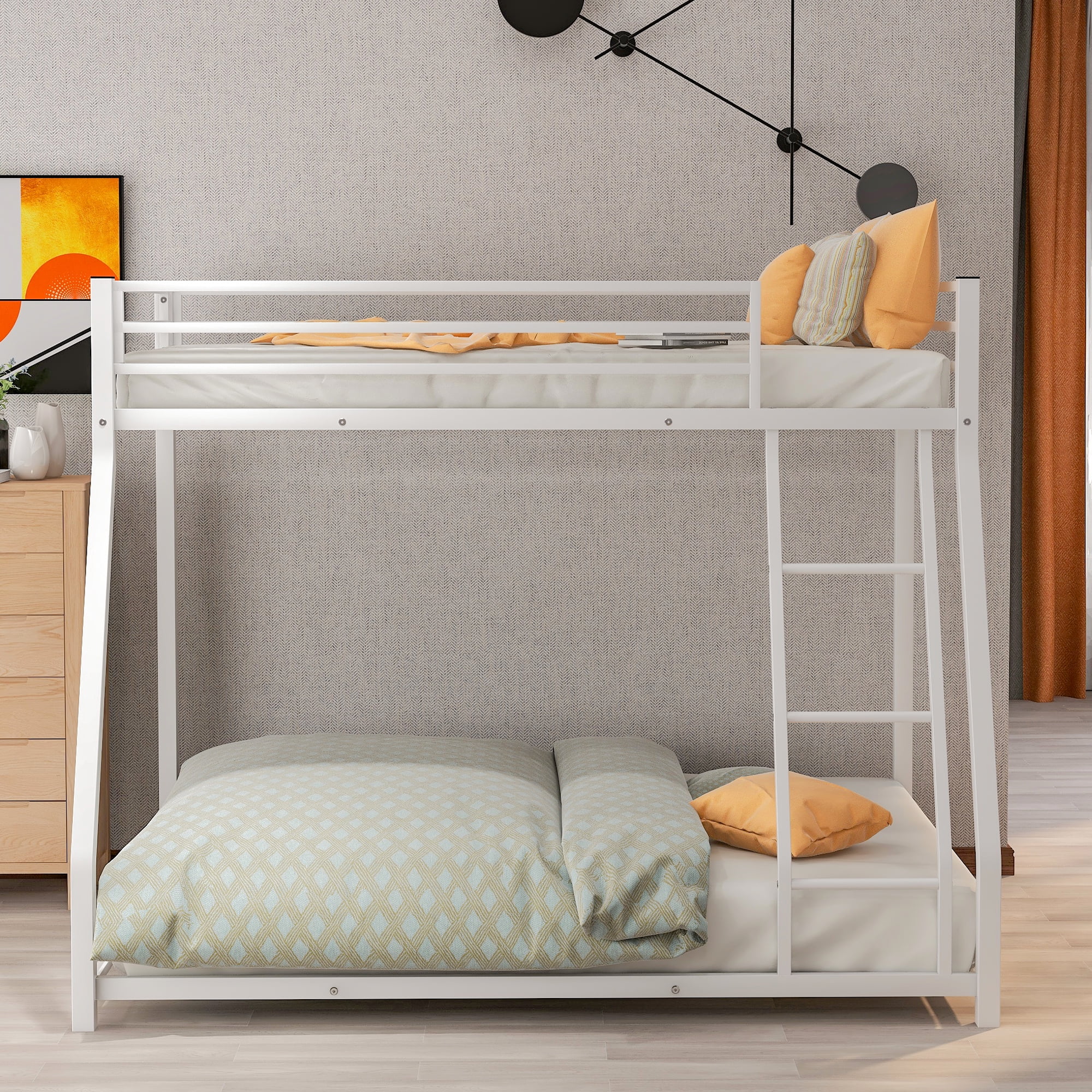 Euroco Metal Twin over Full Bunk Bed, Floor Bunk Bed for Kids Bedroom, White