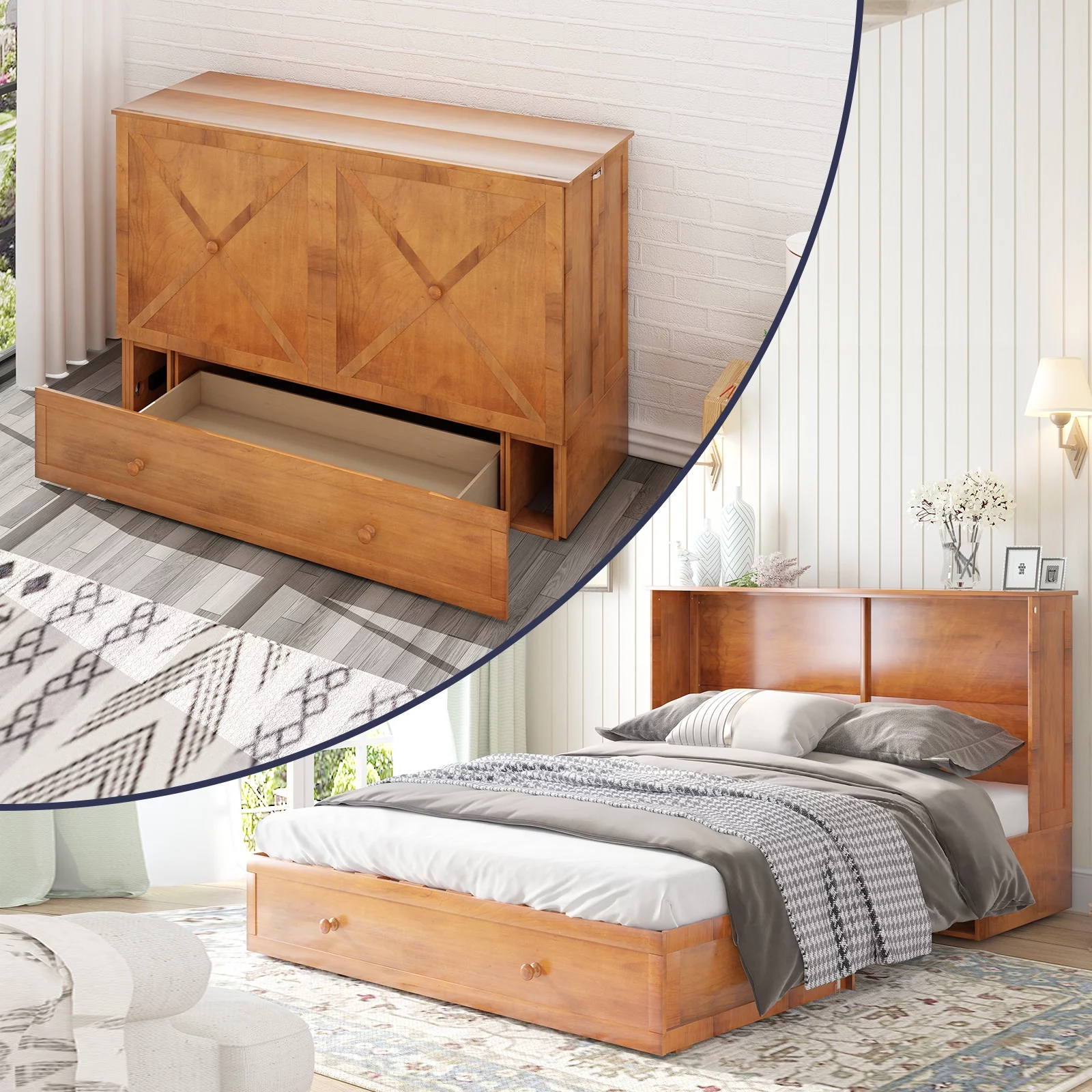 ZAFLY Murphy Bed Cabinet with USB Charging Station, Murphy Cube Cabinet Chest Bed with Drawer &Folding Mattress, Queen Size Bed for Living Room/Bedroom/Studio - Cherry