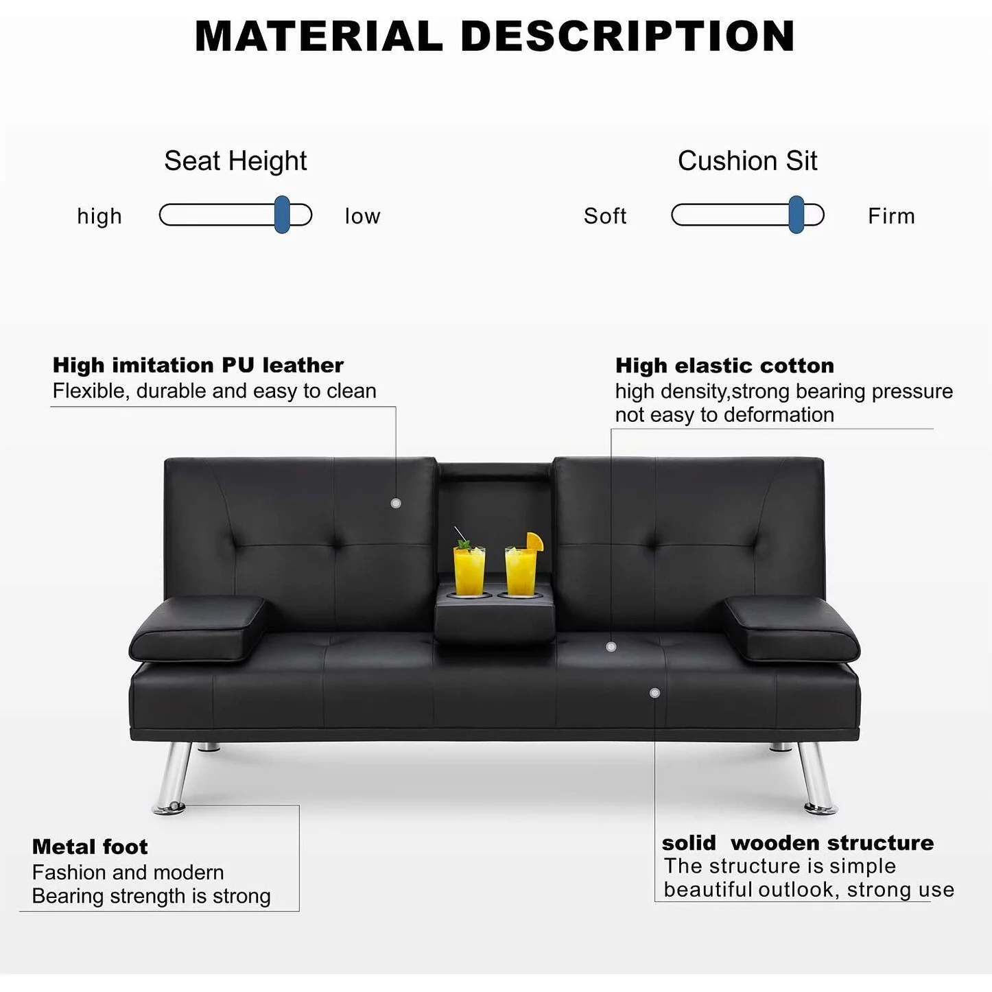 Futzca Modern Faux Leather Couch, Convertible Futon Sofa Bed for Living Room(Black)