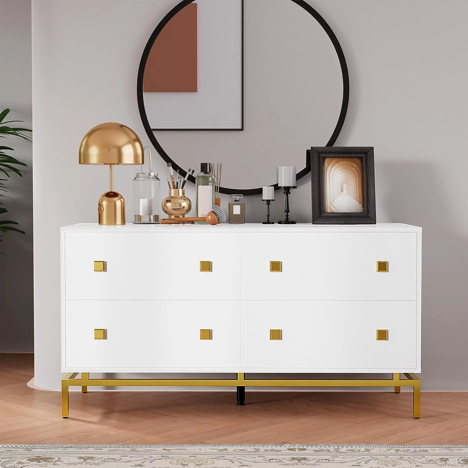 Cozy Castle Extra Wide White 4 Drawer Double Dresser for Bedroom, Luxury Modern Wooden Dressers & Chests of Drawers with Gold Base