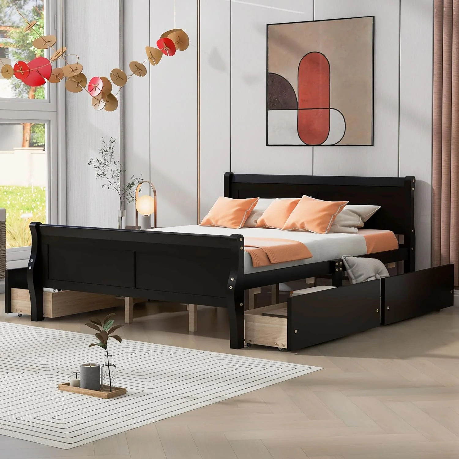 Wood Platform Bed, Quee Size Platform Bed With 4 Storage Drawers, Platform Bed With Head Ad Footboard, Espresso