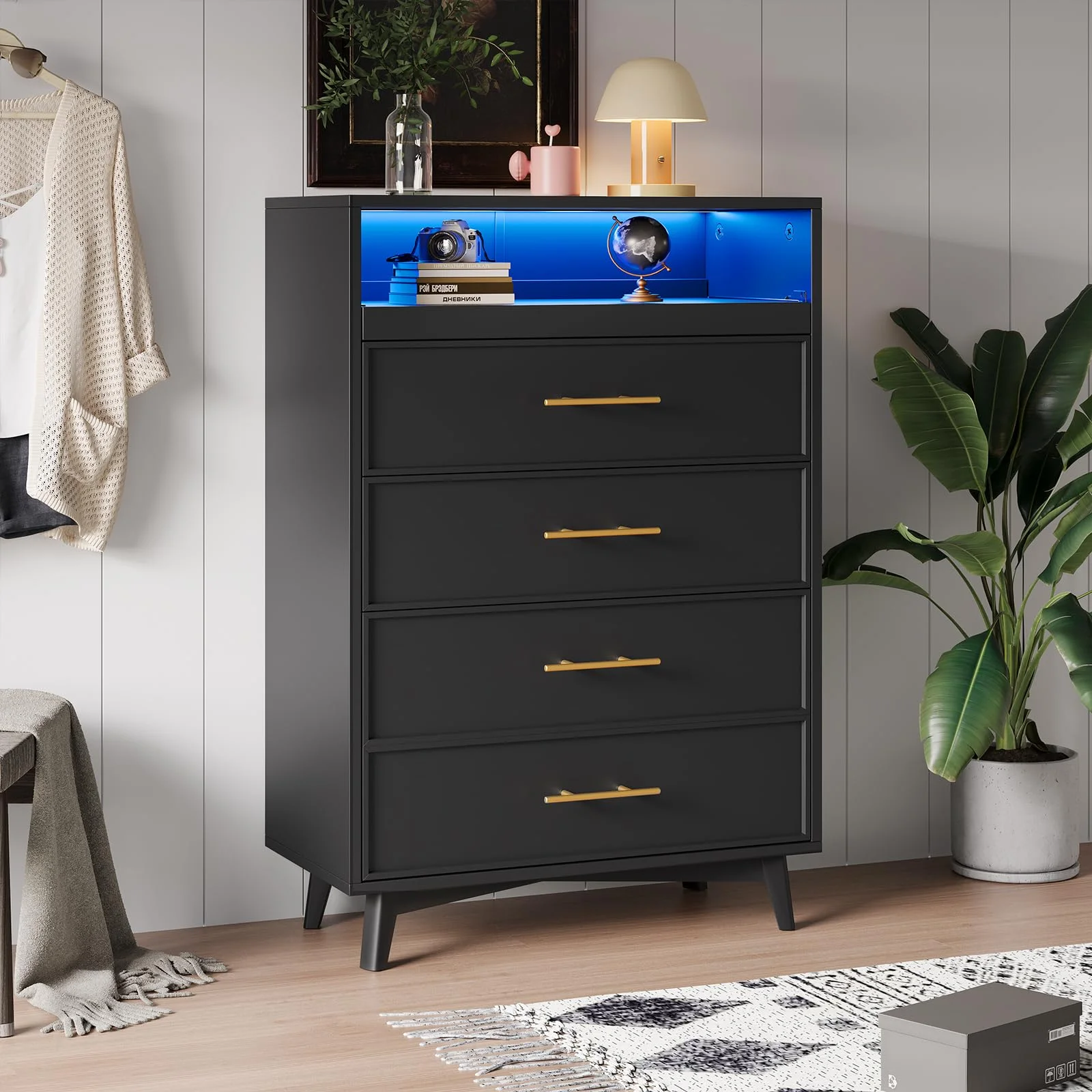 Afuhokles 4 Drawer Dresser for Bedroom with LED Lights, Modern Chest with Pull-Out Tray, Open Storage Space, Black