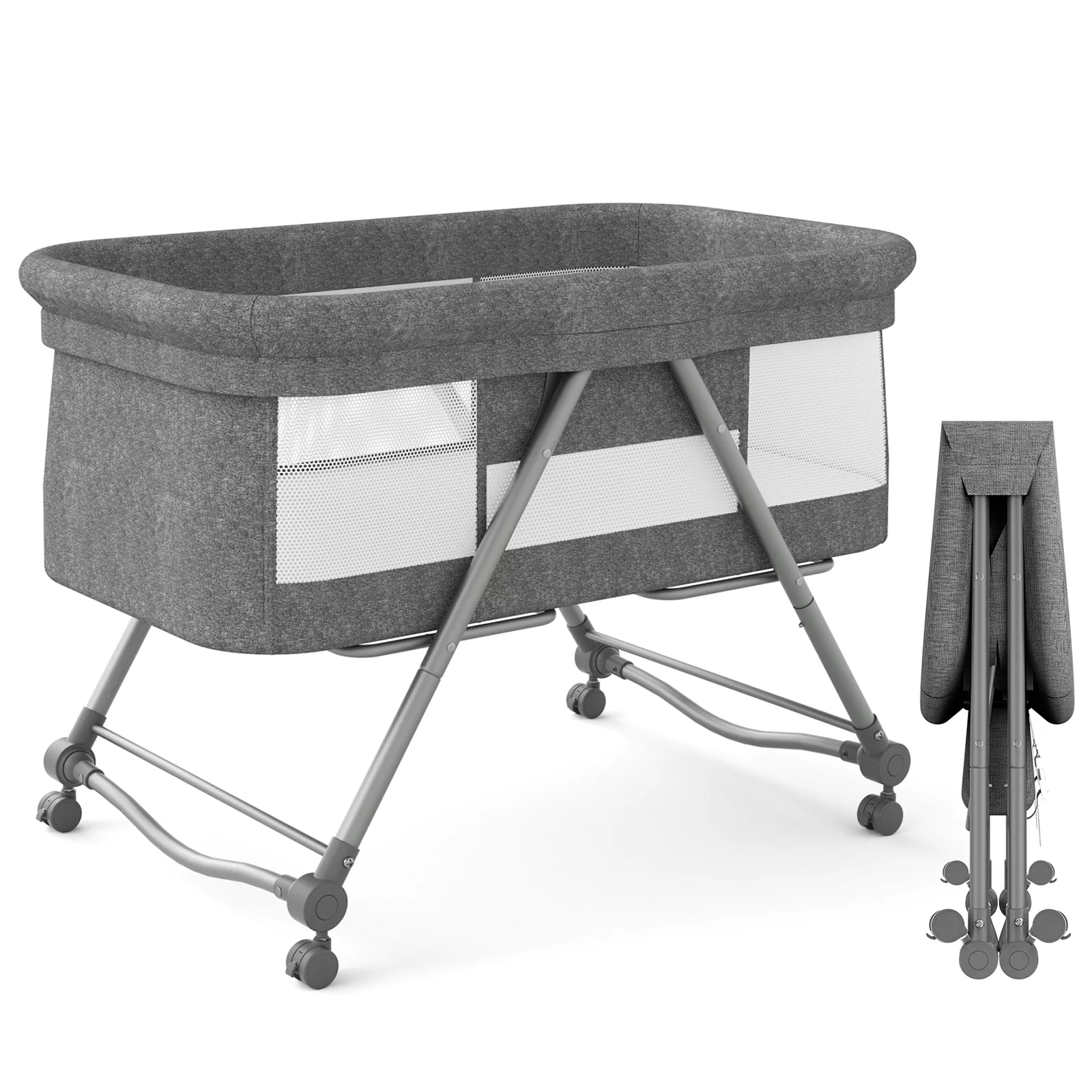 XJD Bedside Bassinet for Baby, Easy Folding, Bedside Sleeper with Wheels, with Mosquito Nets, Large Storage Bag, for Infant Baby Newborn - Gray