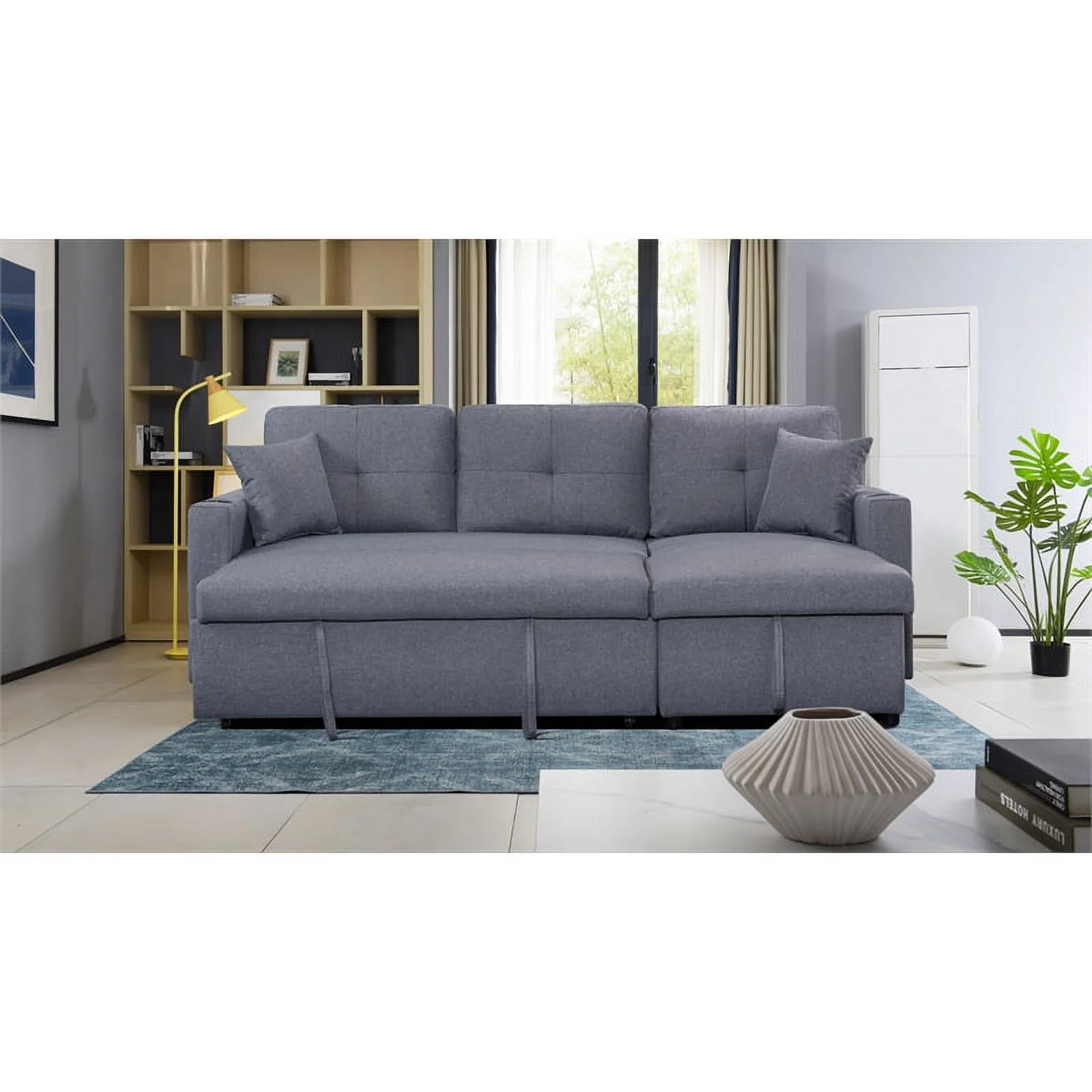 Pemberly Row Linen Fabric Reversible Sleeper Sofa & Chaise & Cup Holder-Gray
