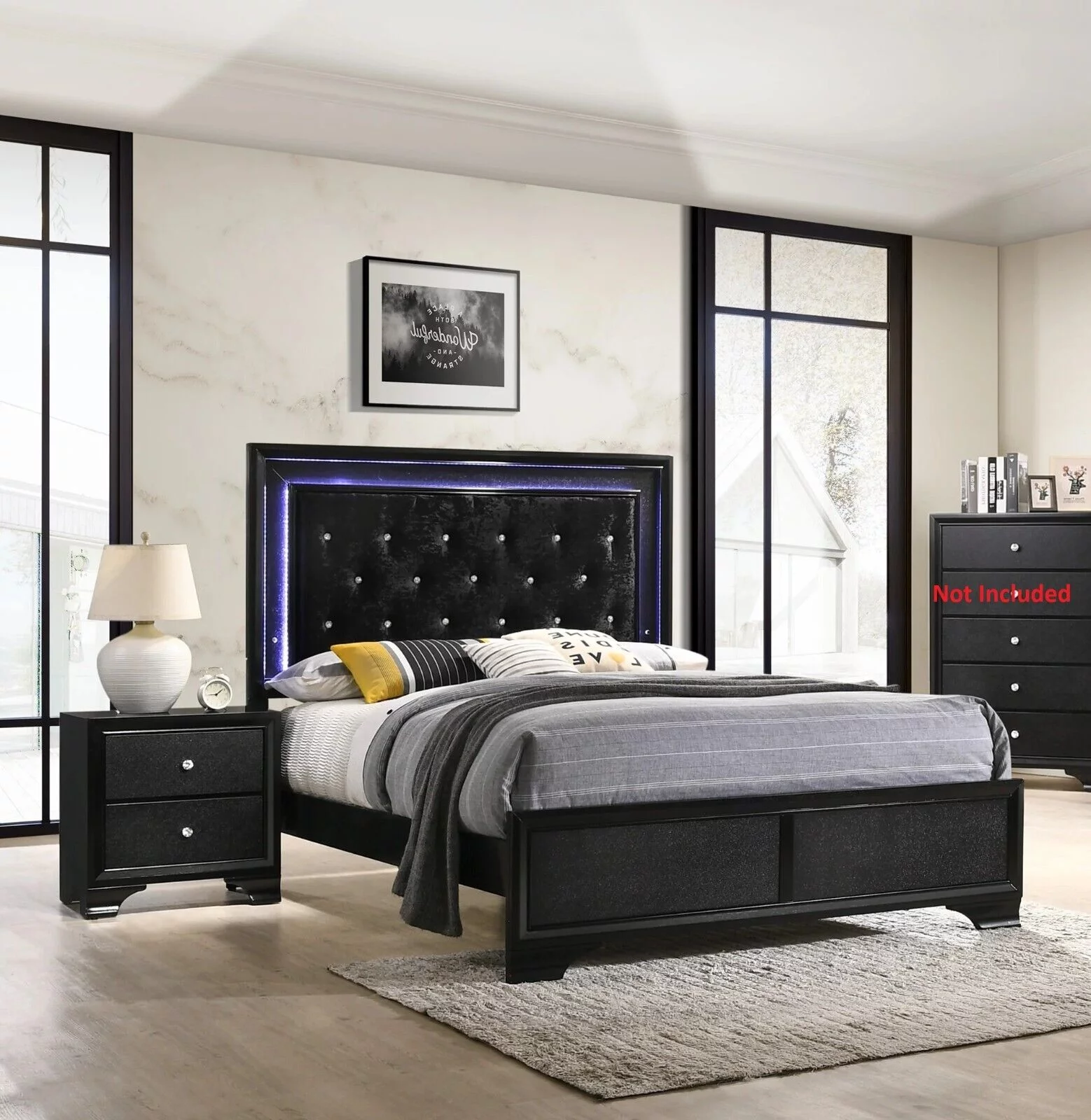 3pc Modern Glam Style Full Size Upholstery LED Bed and Nightstands Bedroom Set Wooden Furniture Black