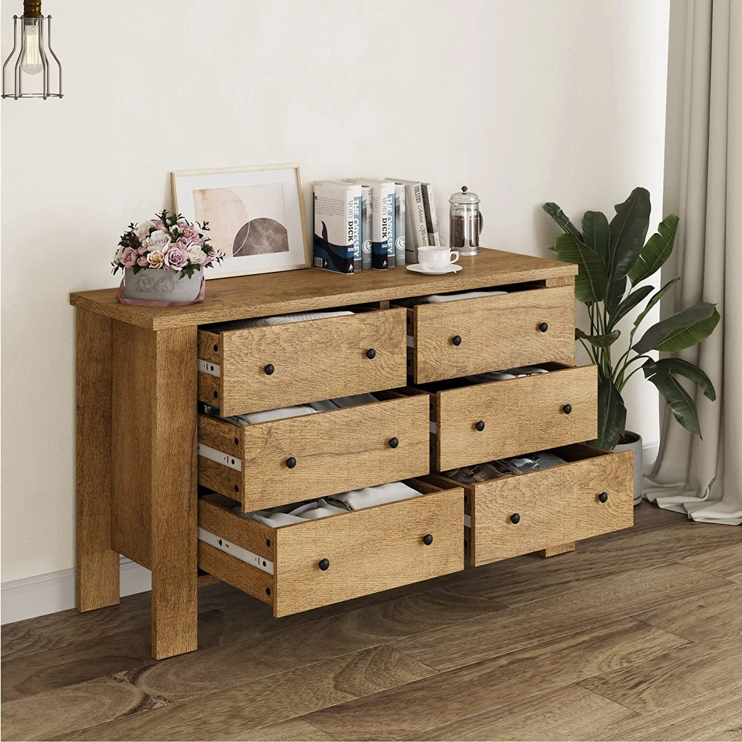 Drawer Chest Dresser Storage Organizers Drawers Small Heavy Duty Solid Structure 6 Drawers Dresser with Round Shape Handle for Bedroom and Living Room in Dark Brown