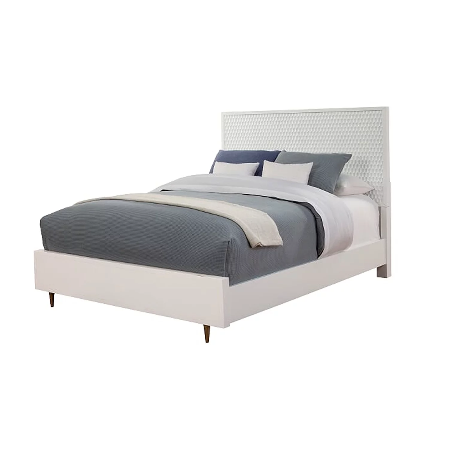 Benjara Wooden California King Bed with Honeycomb Design High Headboard, White