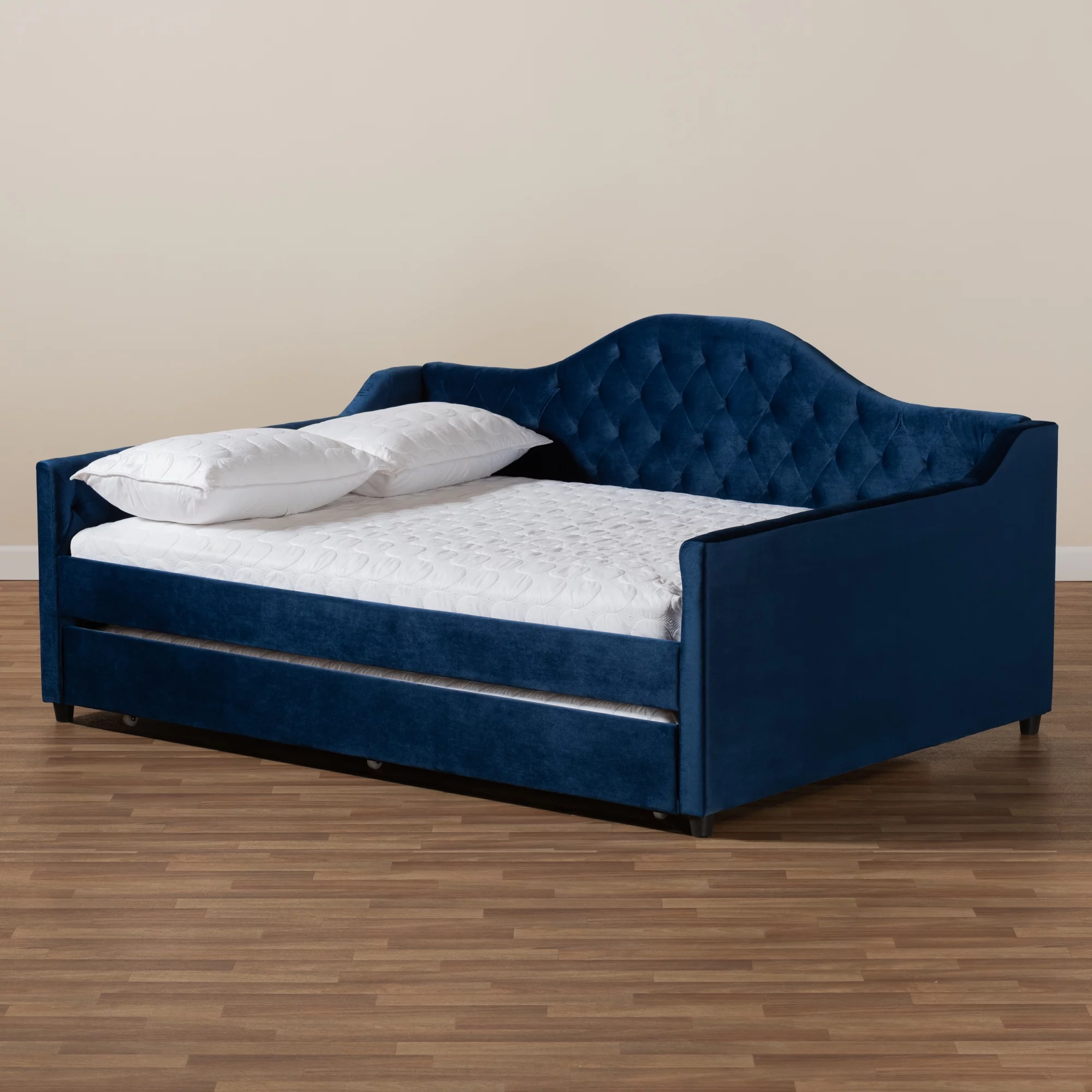 Baxton Studio Perry Royal Blue Velvet Button Tufted Queen Size Daybed with Trundle