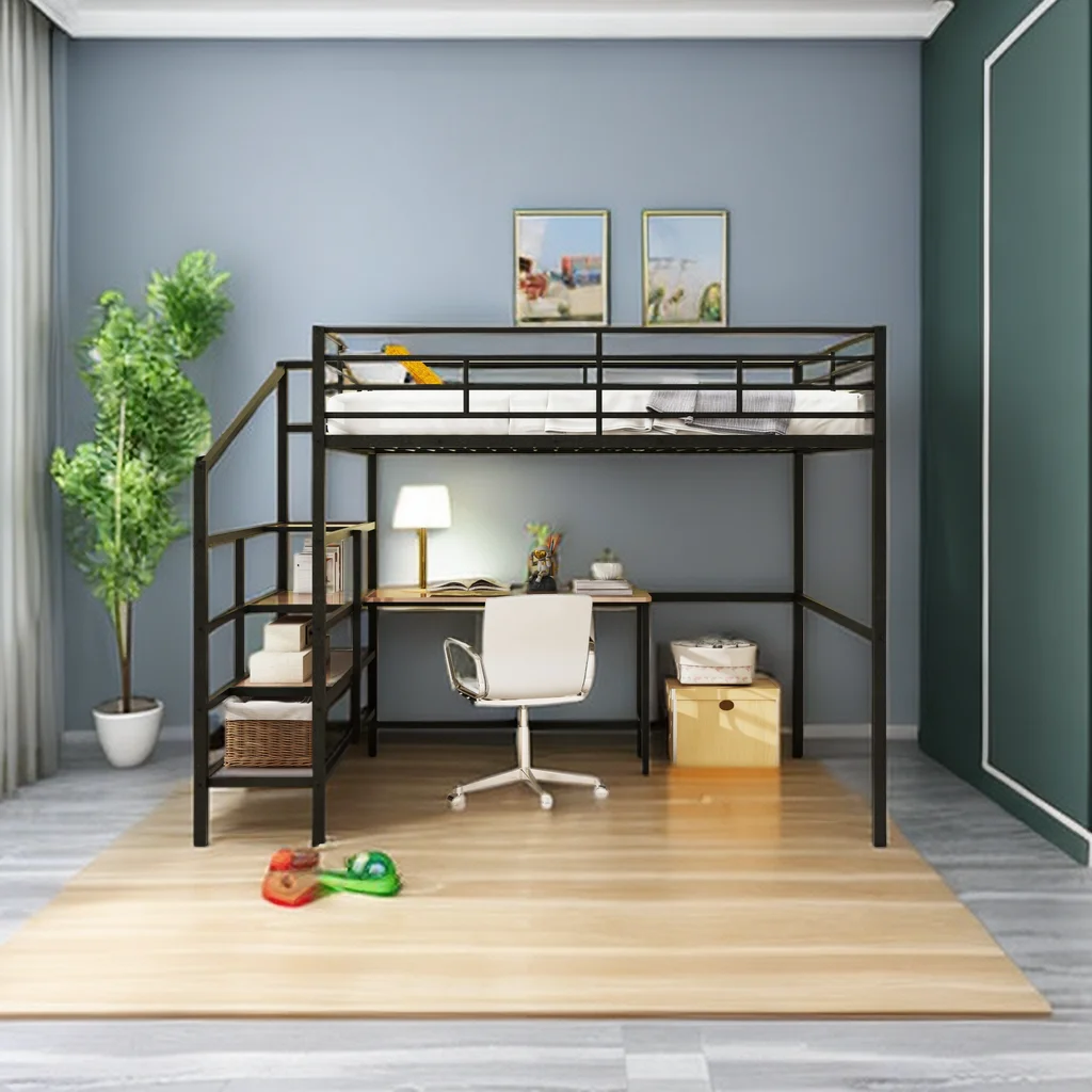 Full Size Metal Loft Bed with 4-Layers Lateral Storage Ladder,Space Saving Full Loft Bed Frame with Desk