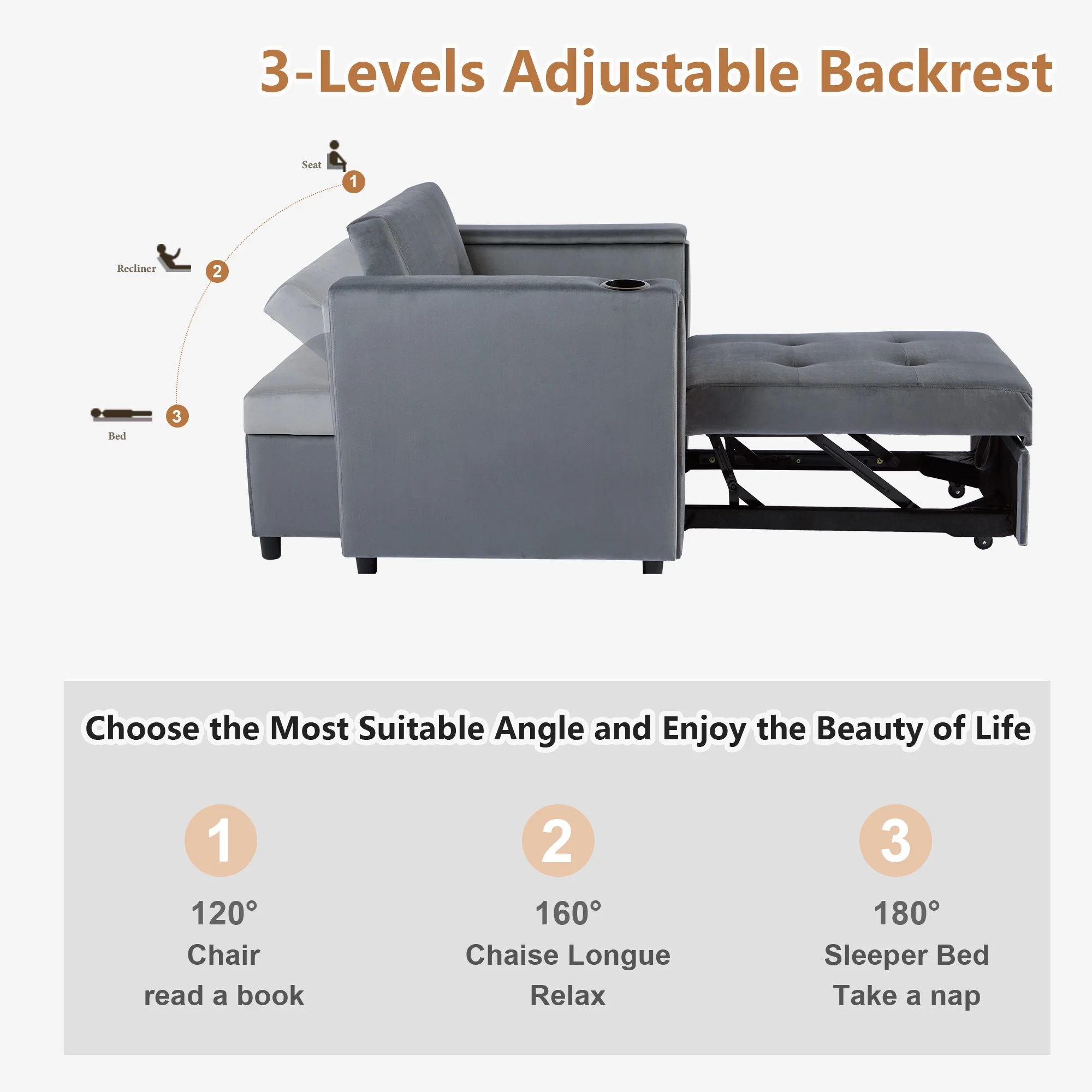 Giratree 3 in 1 Single Sleeper Chair Bed Sofa for Adult with Chaise Side Table Cup Holder and Mobile Phone Holder, Gray