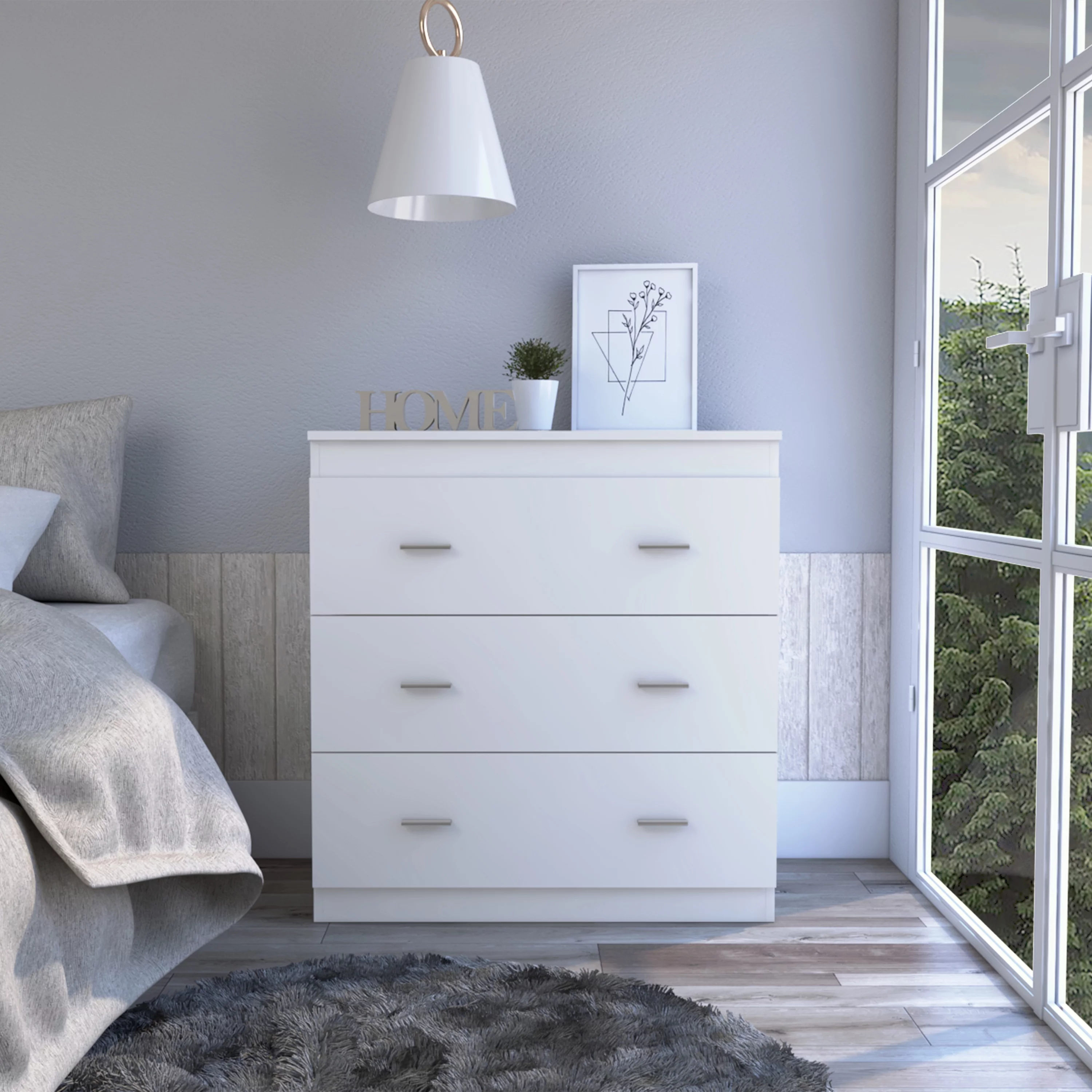 CoSoTower Three Drawer Dresser Whysk, Superior Top, Handles, White Finish