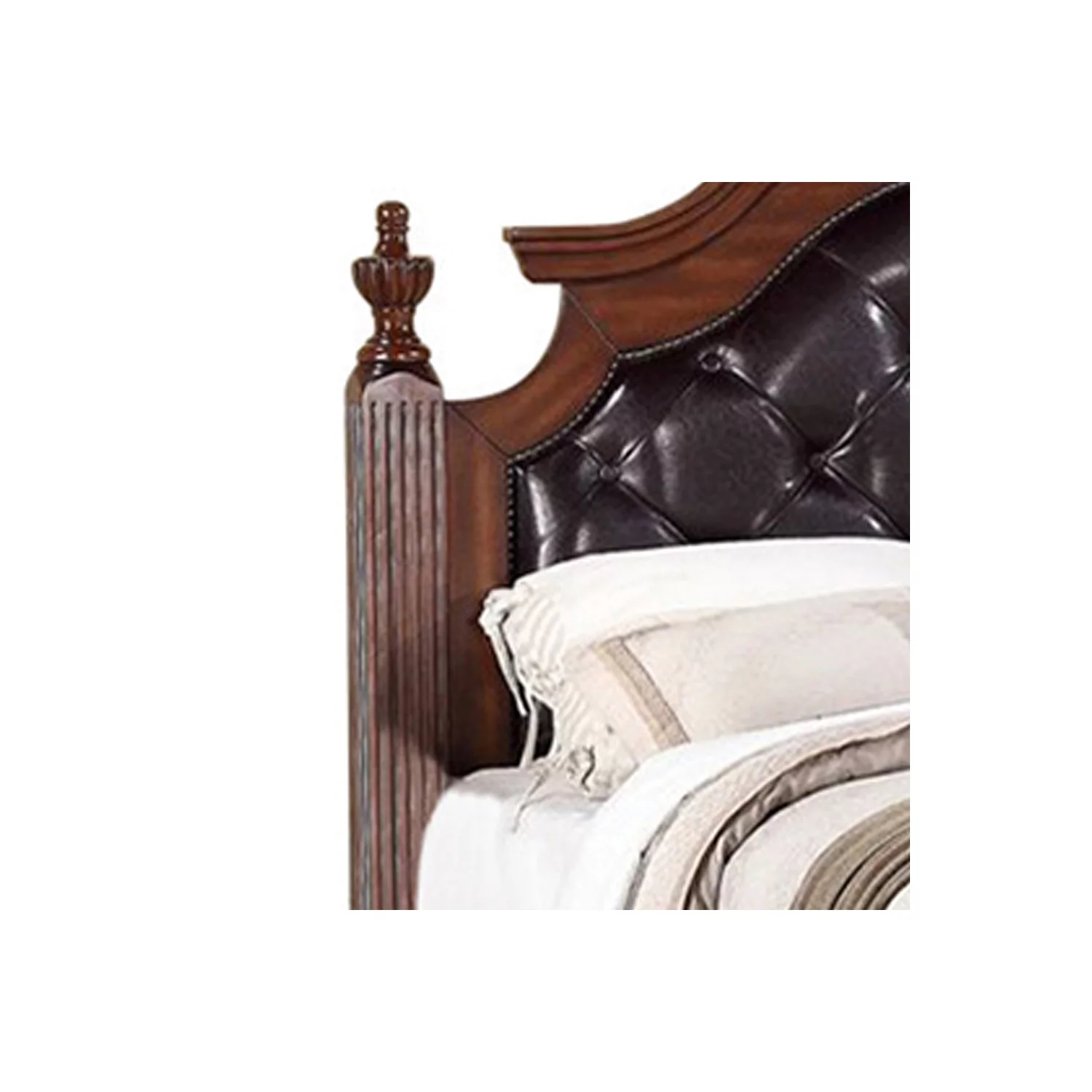 Transitional Wooden Queen Bed With PU-HB & Circular Floral Design, Cherry Finish