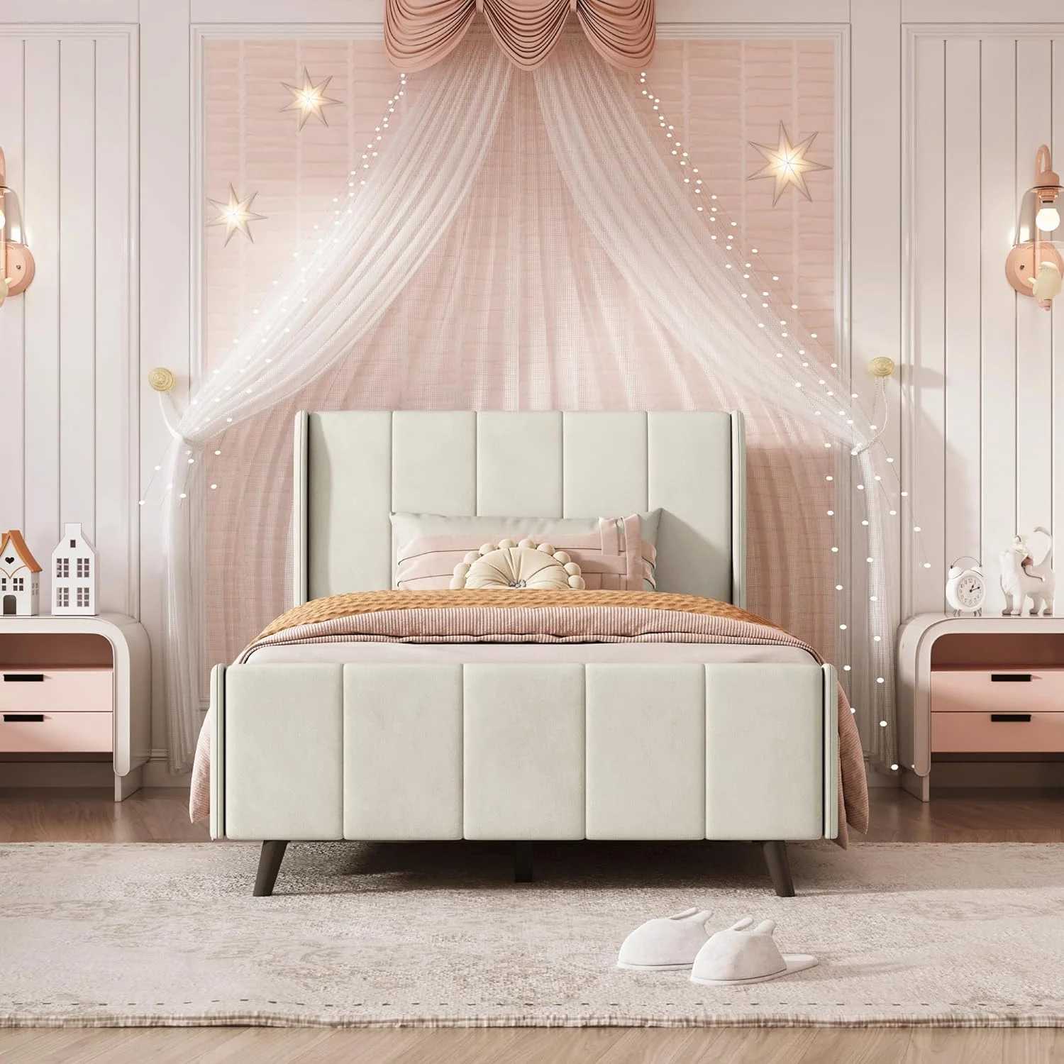 Upholstered Velvet Twin Size Platform Bed with Headboard & Footboard for Kids Bedroom,Easy Assemble & No Box Spring Needed,Perfect for Small Space, Beige