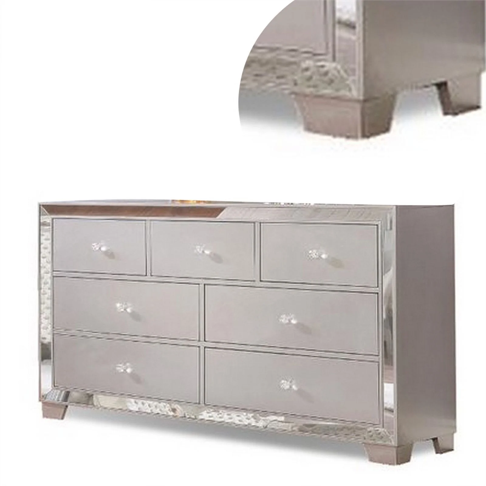 Benjara  57 in. Eli Mirrored Trim Wood Frame Deluxe 7 Drawer Dresser, Silver