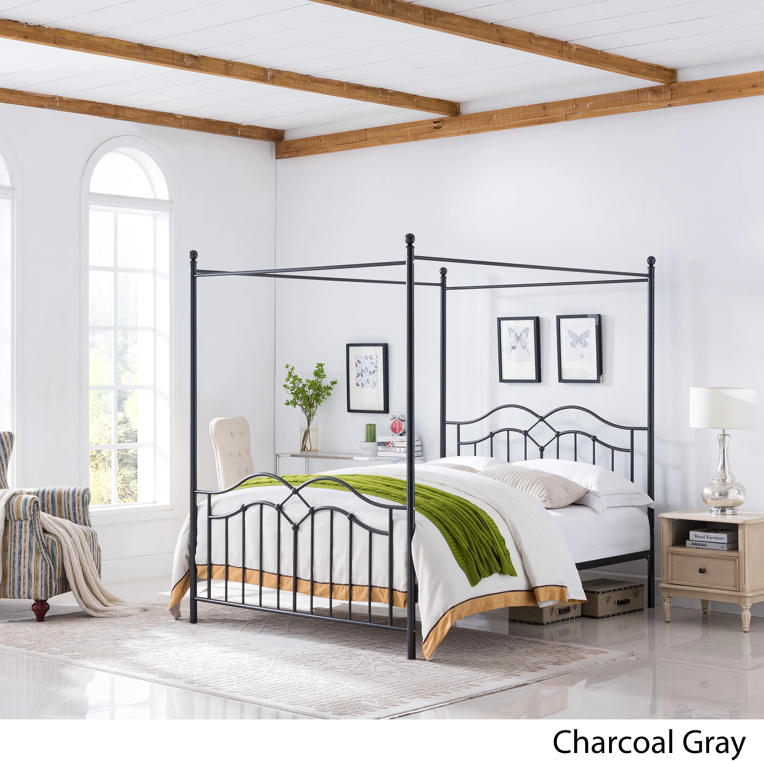 Noble House Selene Traditional Iron Canopy Queen Bed Frame, Charcoal Gray