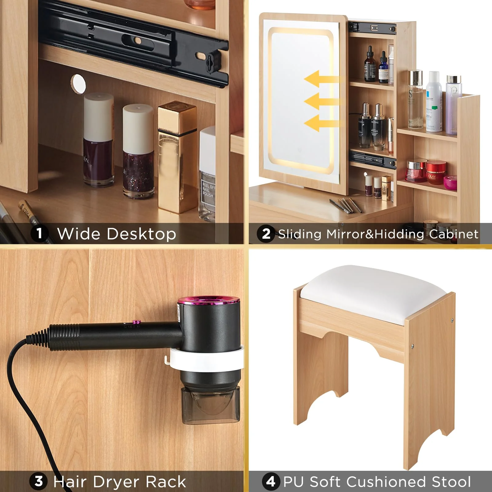 AMERLIFE Vanity Desk Set with Sliding Mirror & LED Lights, Small Makeup Vanity Table with 4 Drawers, 3 Lights Dressing Table with Shelves & Hair Dryer Stand, Suitable for Teenagers, Natural Color