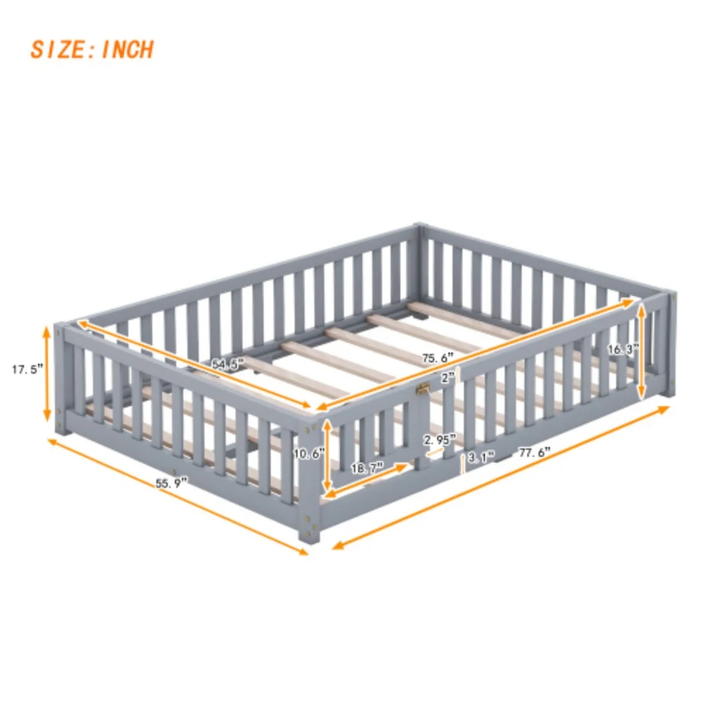 Full Size Bed Floor Bed with Safety Guardrails and Door for Kids, Gray Gray + LVL + Full