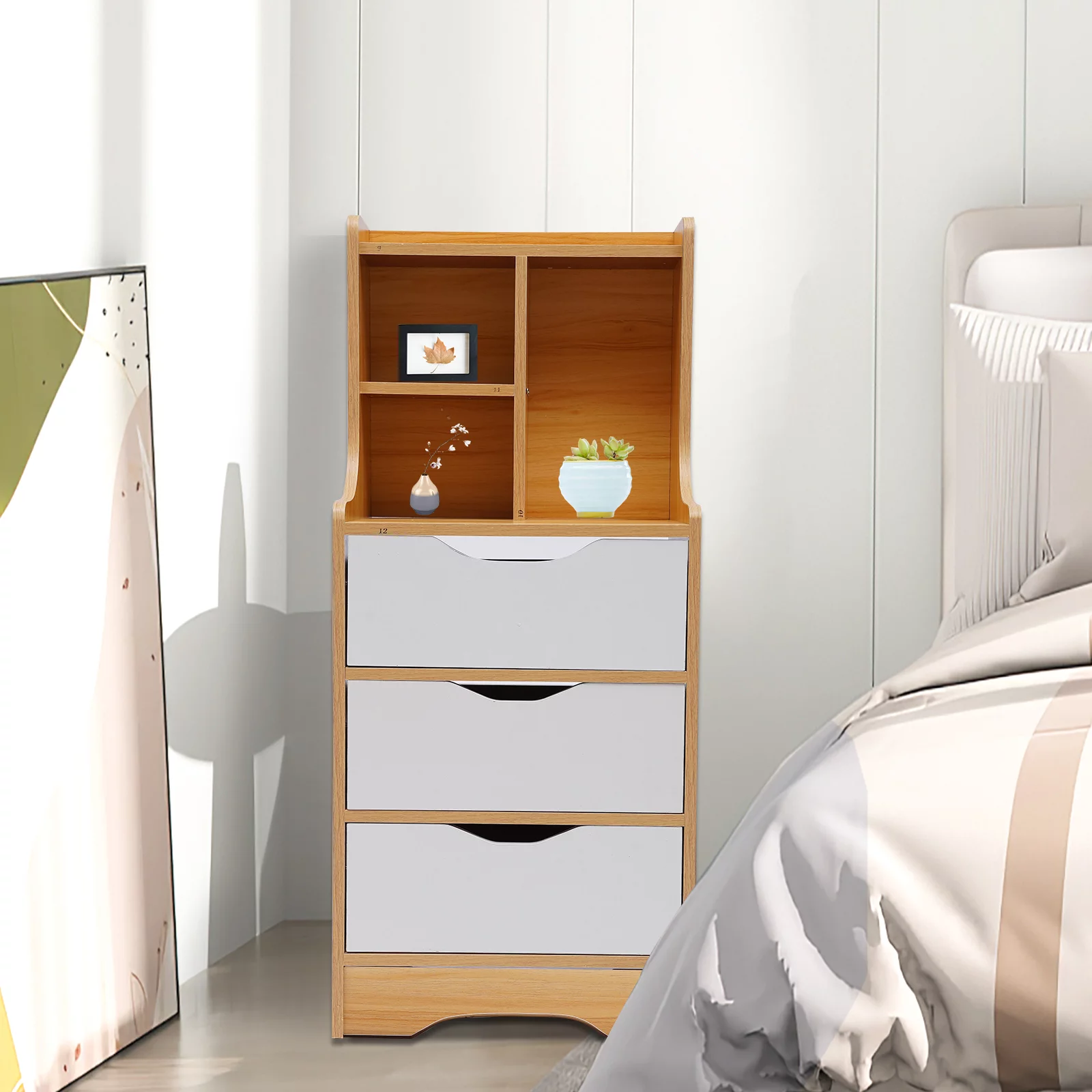 Loyalheartdy Nightstand 3 Drawers Open Storage Cabinet Tall Bedside Table Walnut MDF End Table Rectangular Side Stand