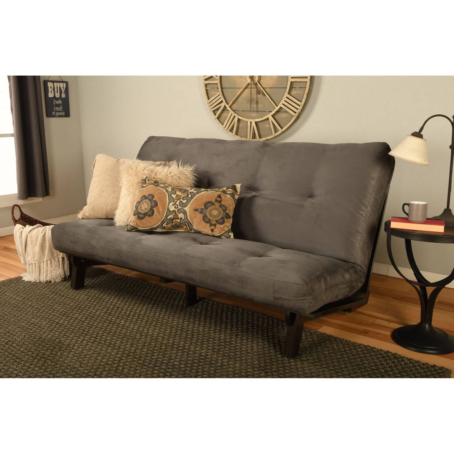Kodiak Furniture Carson Wood Futon in Java Brown Finish with Suede Gray Mattress