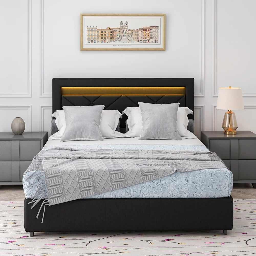 Yone jx je Queen Size Bed Frame with LED Lights, USB Charging Station, Black Textured Paint Bed Frame, Four Bottom Drawers for Stable Storage and Assembly, Black