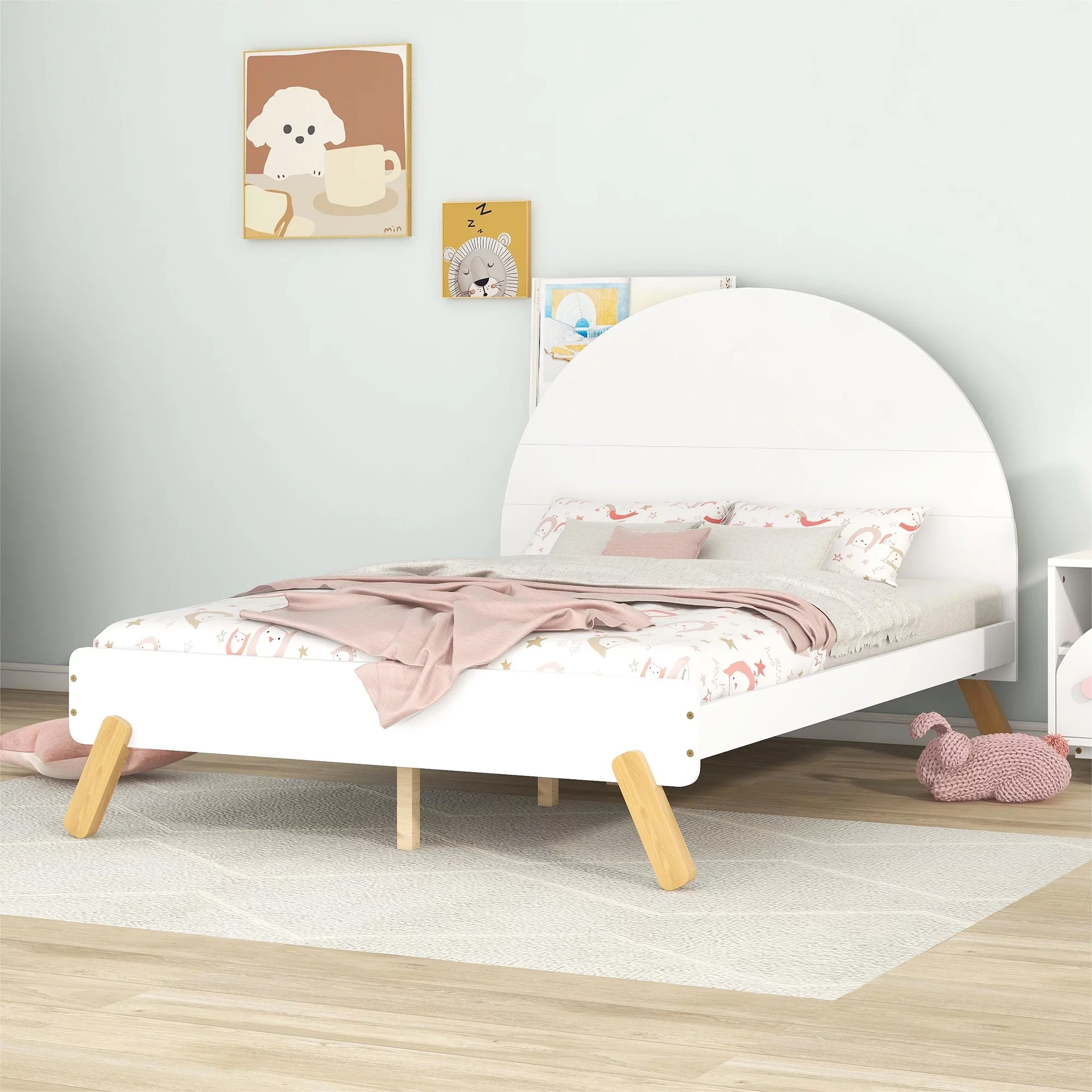Royard Oaktree Full Size Bed With Unicorn Curved Headboard Cute Wood Platform Bed Frame with Shelf Behind Headboard, No Box Spring Needed, White